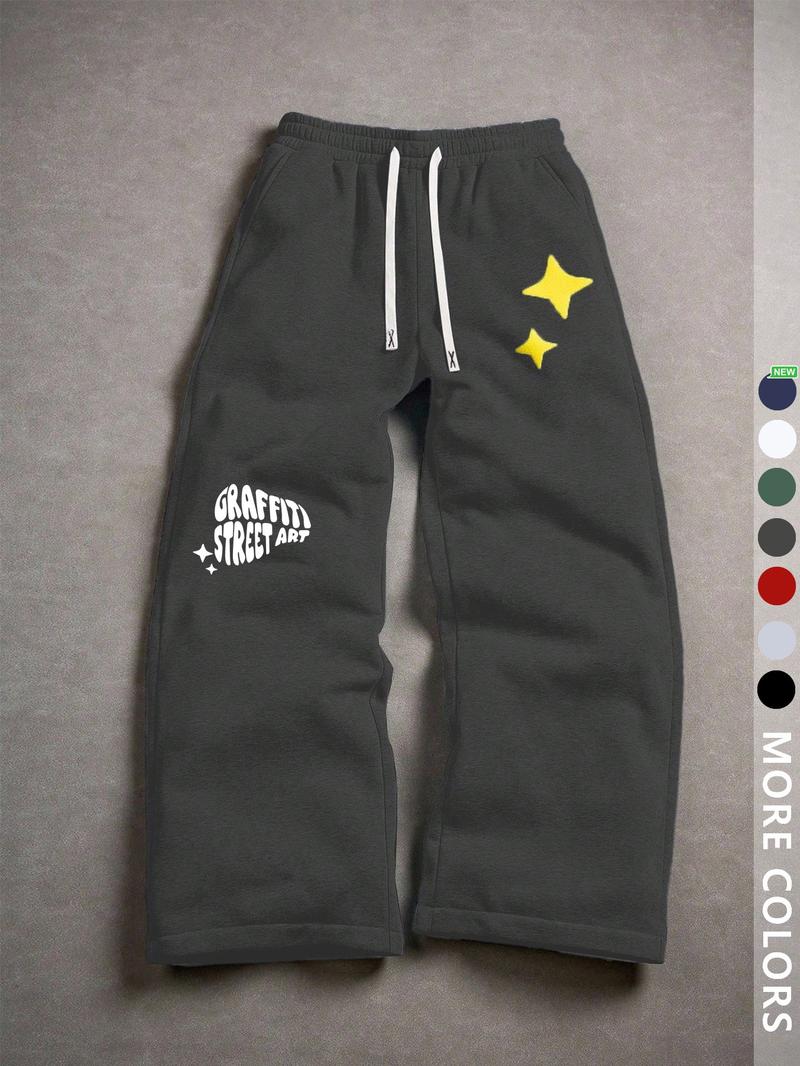 Unisex Street Style Jogger Pants, Hip-Hop Letters & Stars Print, Loose Straight Fit, Fall&winter, Casual Rock Skateboarding