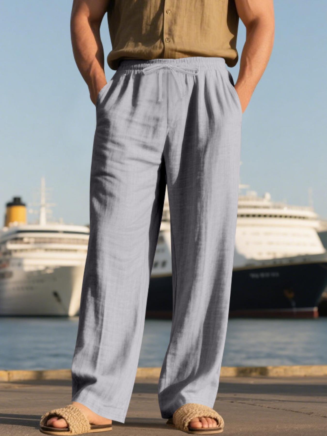 Men's summer linen long pants, in a relaxed and loose fit, suitable for daily wear, with breathable and comfortable fabric, suitable for hot weather, fashionable men's linen beach pants, trendy and simple linen straight-leg pants