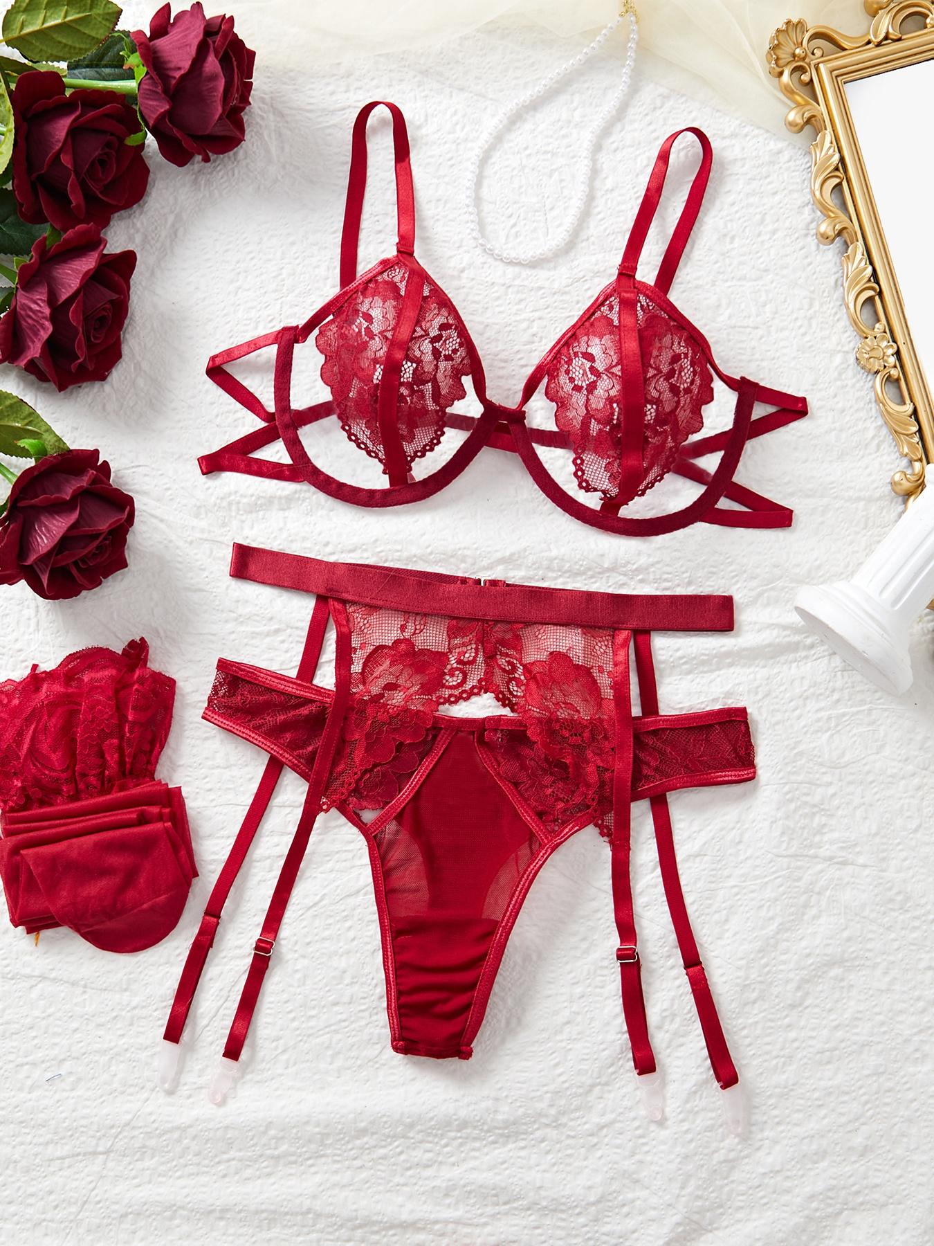 Women's Lace Sexy Lingerie Set, Solid Color Bra & Thong & Garter Belt ...