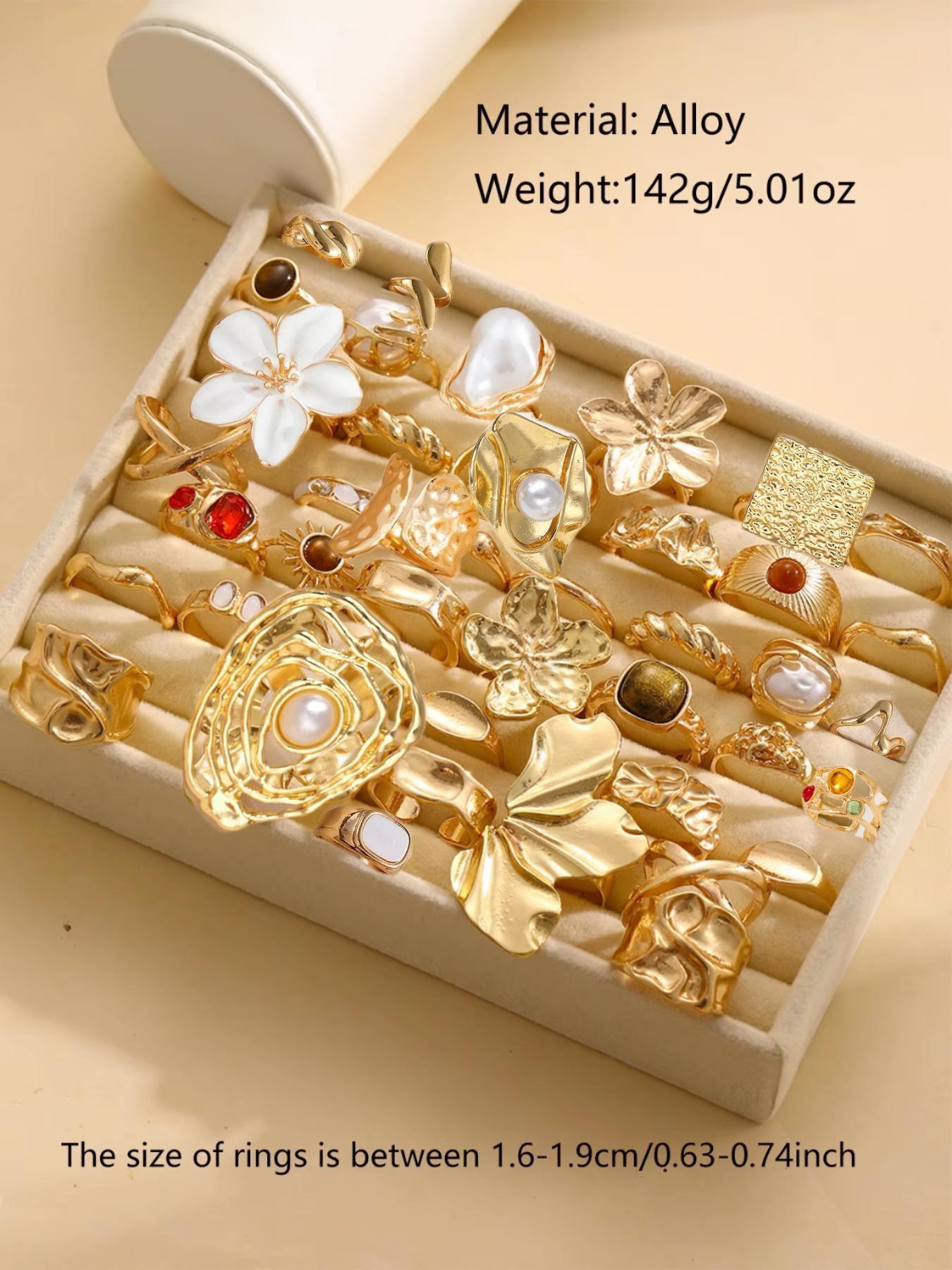 Elegant Floral Faux Pearl Ring Set, Fashionable Jewelry, Beautiful Rings, Zinc Alloy Wide Band Women's Rings, Knuckle Rings Set, All Season Jewelry Gift, Party and Birthday