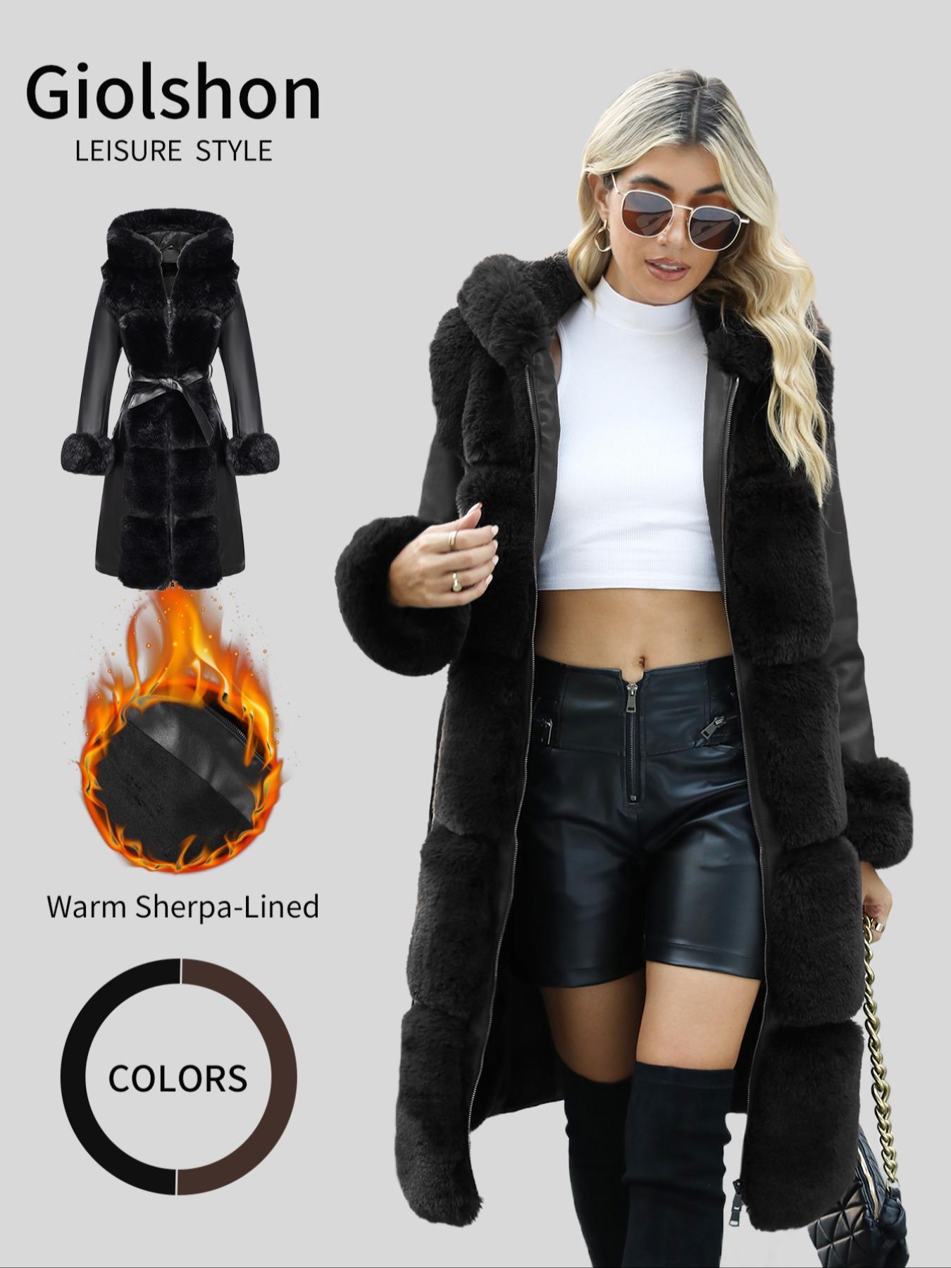 Women's Fall Winter PU Leather Jacket Coat, Contrast Faux Fur Hood Long Sleeve Fitted Casual Everyday Outerwear, Adjustable Waist Belt Design