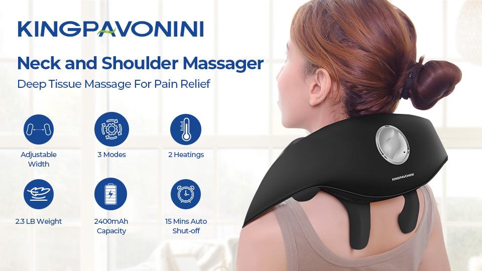 KingPavonini Neck New upgraded neck and shoulder massager,  the sixth generation 6D Shiatsu  massage the trapezius muscle, deep tissue, relieve neck and shoulder pain Comfort with Adjustable Width and Voice Prompt, Wireless Back Massager with Heat