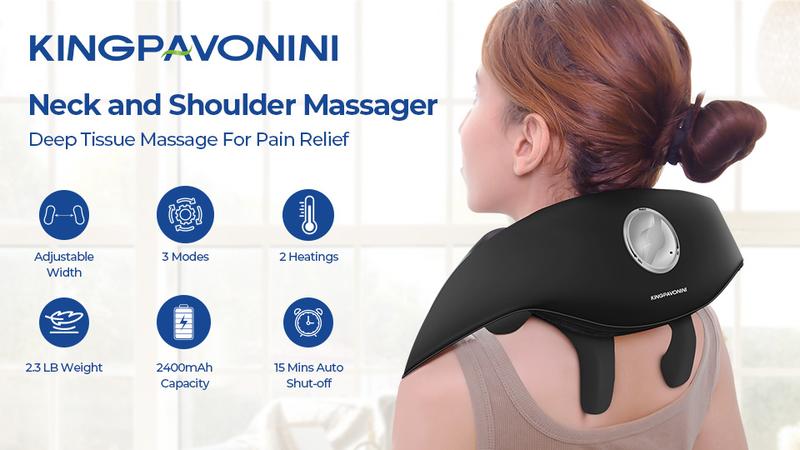 KingPavonini Neck New upgraded neck and shoulder massager,  the sixth generation 6D Shiatsu  massage the trapezius muscle, deep tissue, relieve neck and shoulder pain Comfort with Adjustable Width and Voice Prompt, Wireless Back Massager with Heat