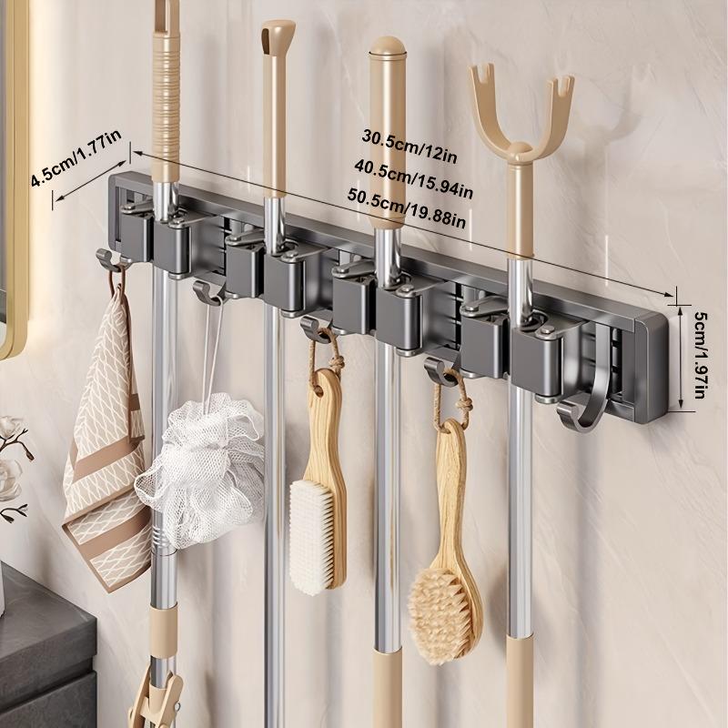 1/6 high-quality plastic mop and broom wall-mounted holders with adjustable hooks, 1 piece wall-mounted storage rack suitable for home, kitchen, garden, laundry room and garage - painted, space-saving mop holder, broom holder and tool holder, storage rack