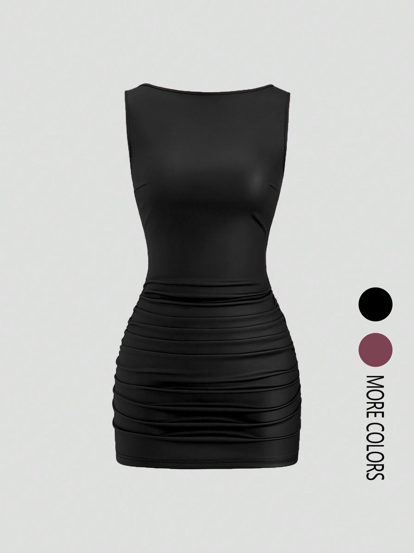 Women's solid color slim-fit sleeveless pleated faux leather dress, pleated design, fits the body shape, elastic waist, sexy midi dress.