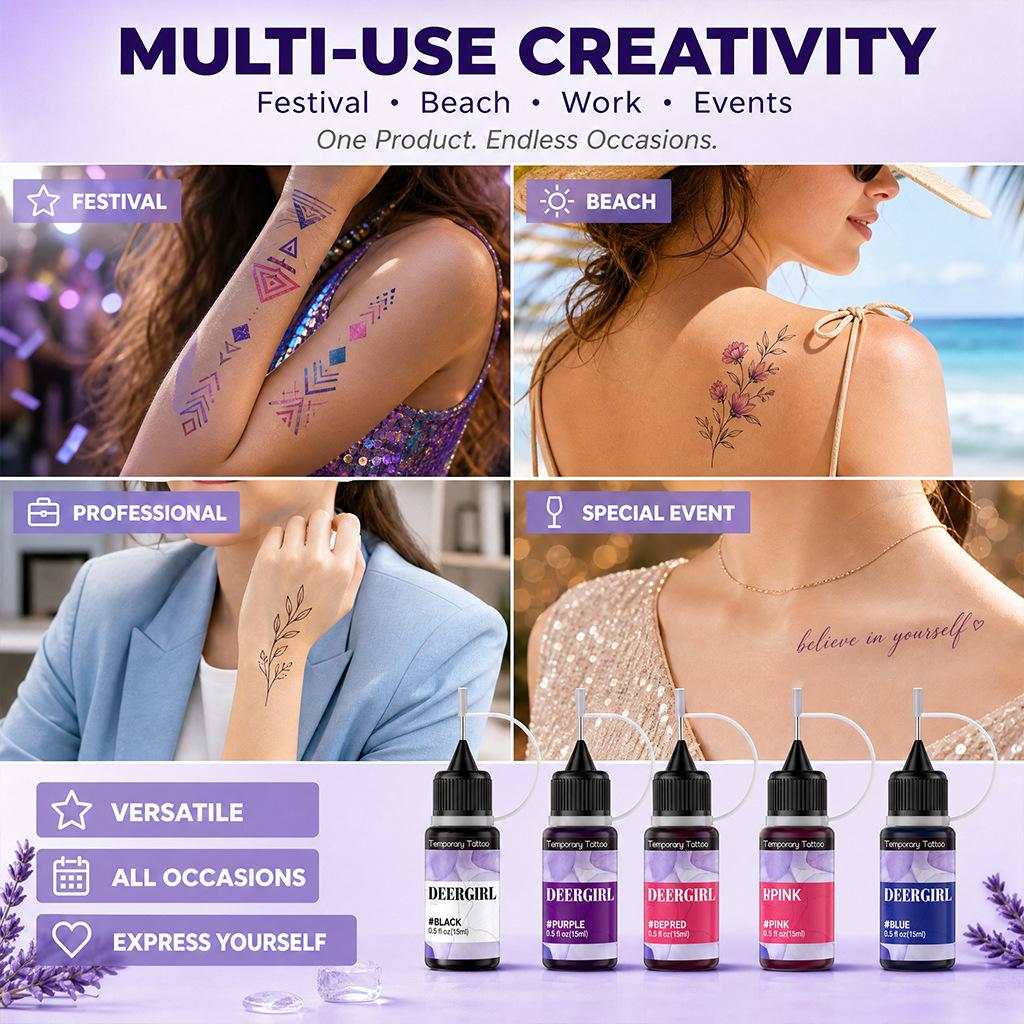 Festival party DIY henna temporary tattoo set gift box with 20 multi-color ink bottles & reusable stencils. Diverse patterns with mild skin-safe formula, essential painting kit for bridal looks, school events and carnival parties Temporary Tattoo Kits.
