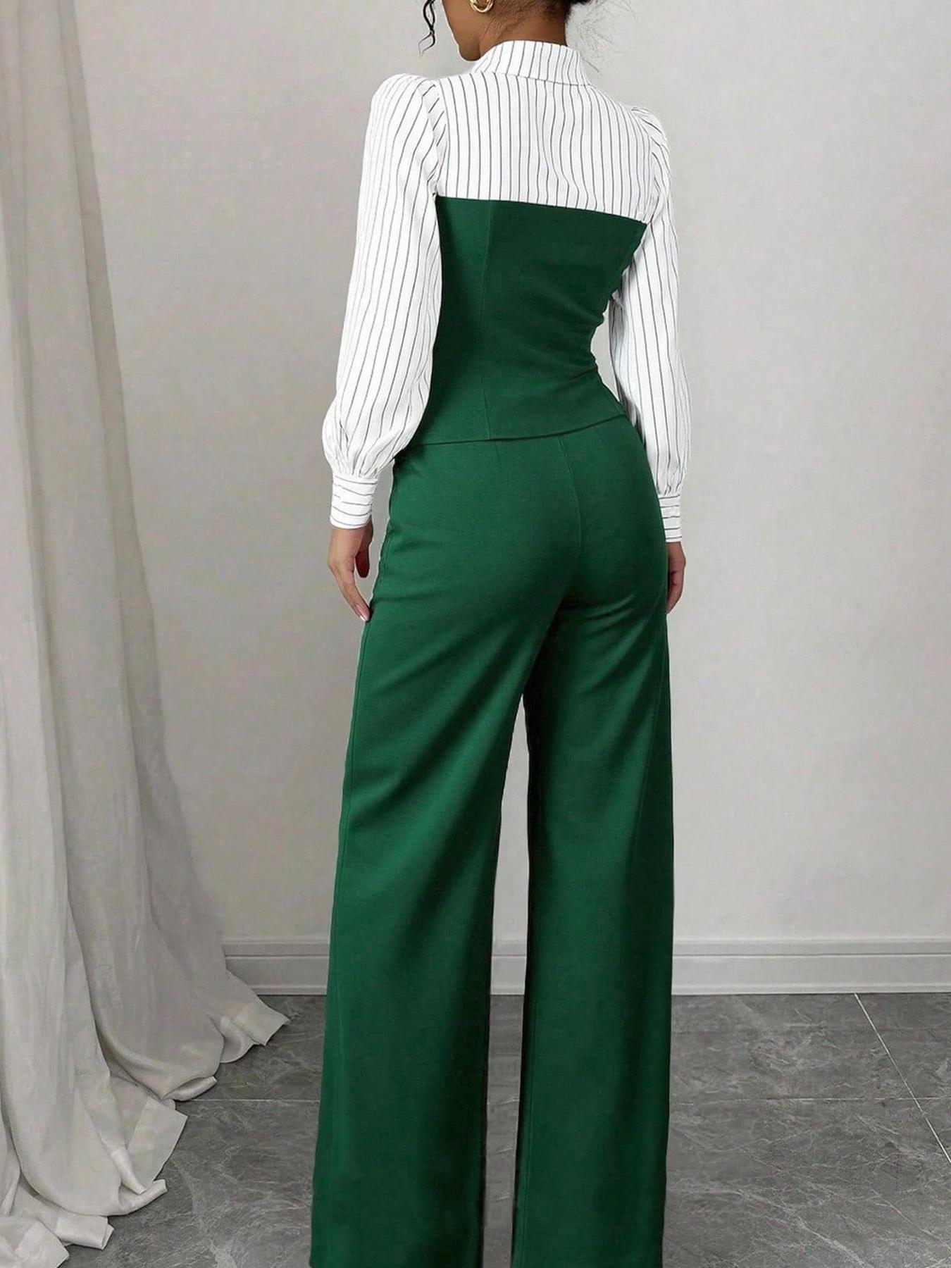 Women's Long Sleeve Colorblock Patchwork Shirt Set, Slimming Waist Design, Straight Leg Pants, Casual Fashion, 2 Piece Set