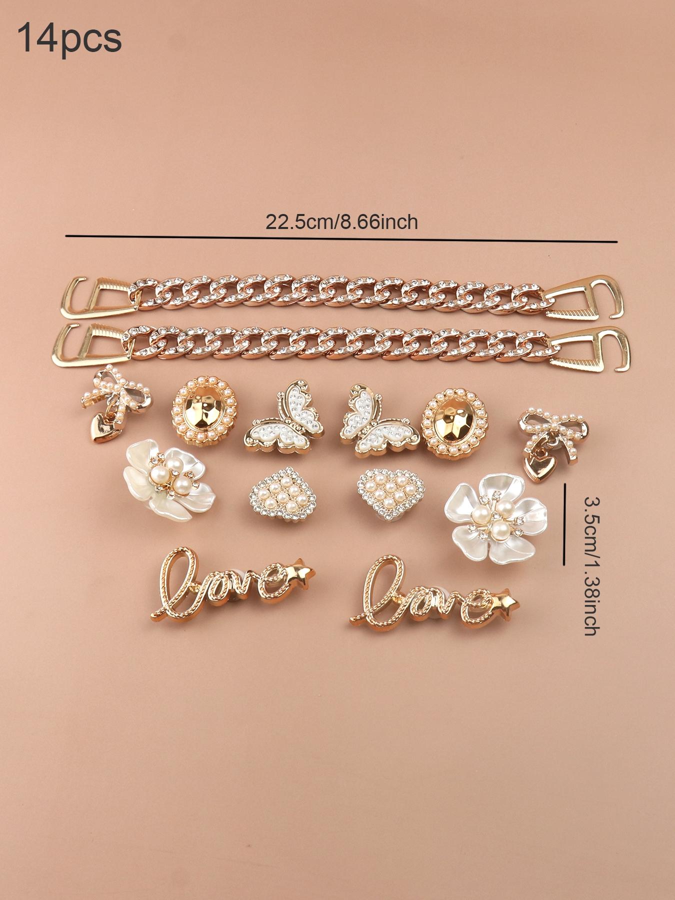 14pcs Fashionable Rhinestone & Letter Decorated Shoes Decorations, Chain & Bowknot Design Shoes Charm Rhinestone Shoes Charms For Vented Clogs Decoration