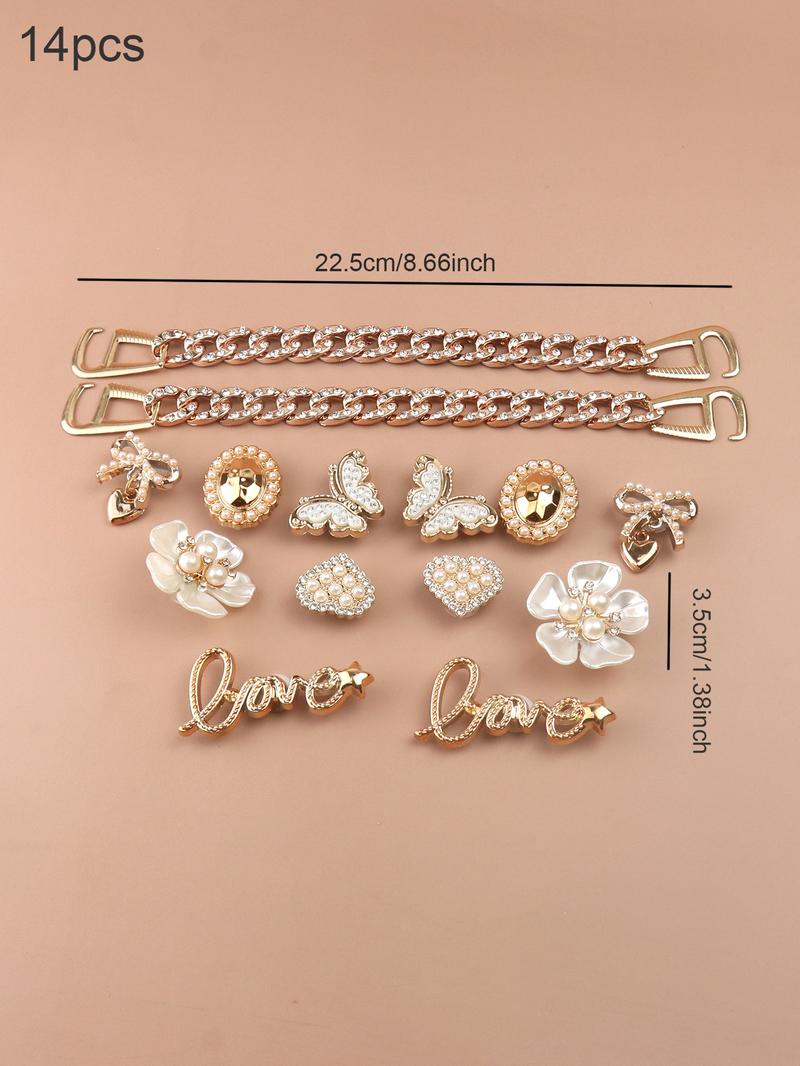 14pcs Fashionable Rhinestone & Letter Decorated Shoes Decorations, Chain & Bowknot Design Shoes Charm Rhinestone Shoes Charms For Vented Clogs Decoration