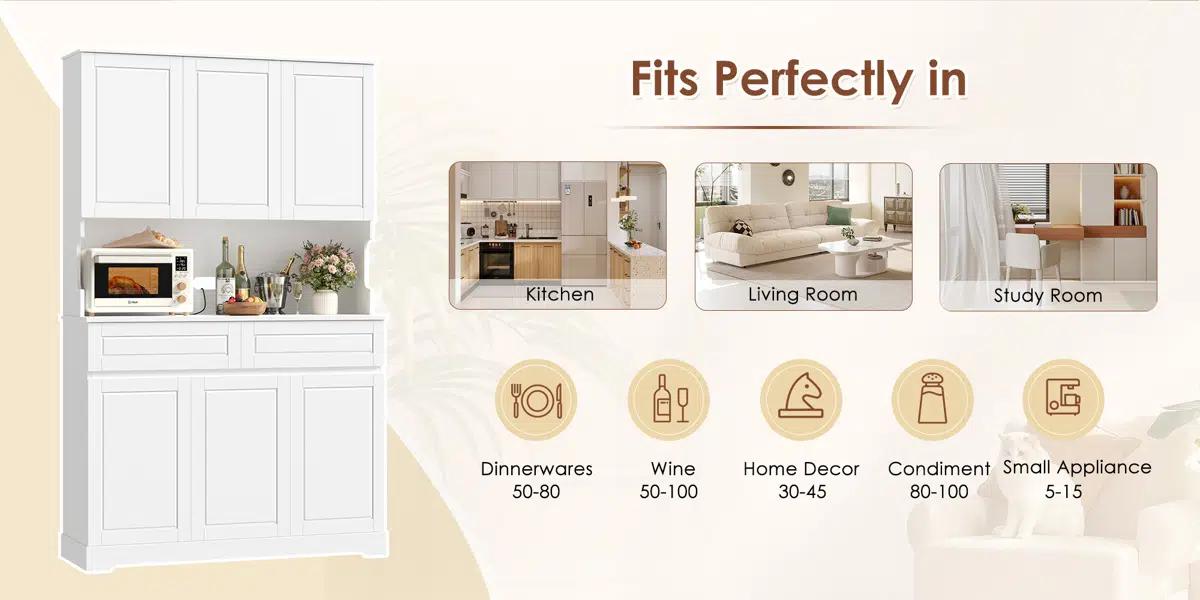 FOTOSOK 74'' Pantry Cabinet, Wood Kitchen Pantry with Microwave Shelf and Adjustable Shelves, Tall Kitchen Hutch with 6 Doors and 2 Drawers