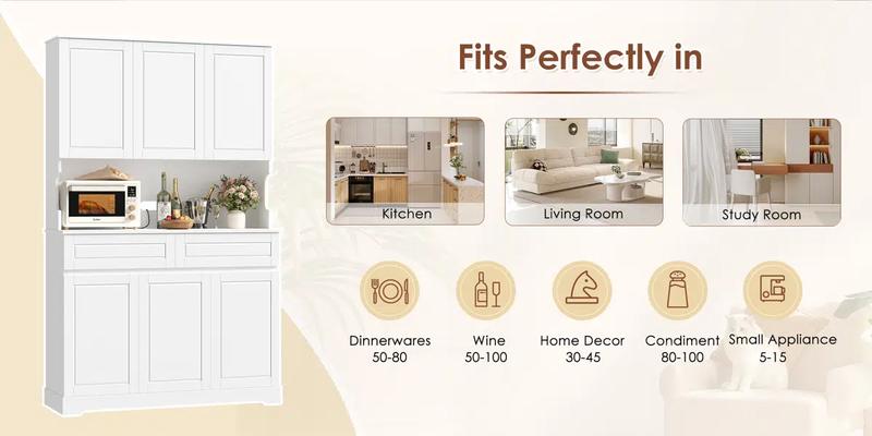 FOTOSOK 74'' Pantry Cabinet, Wood Kitchen Pantry with Microwave Shelf and Adjustable Shelves, Tall Kitchen Hutch with 6 Doors and 2 Drawers