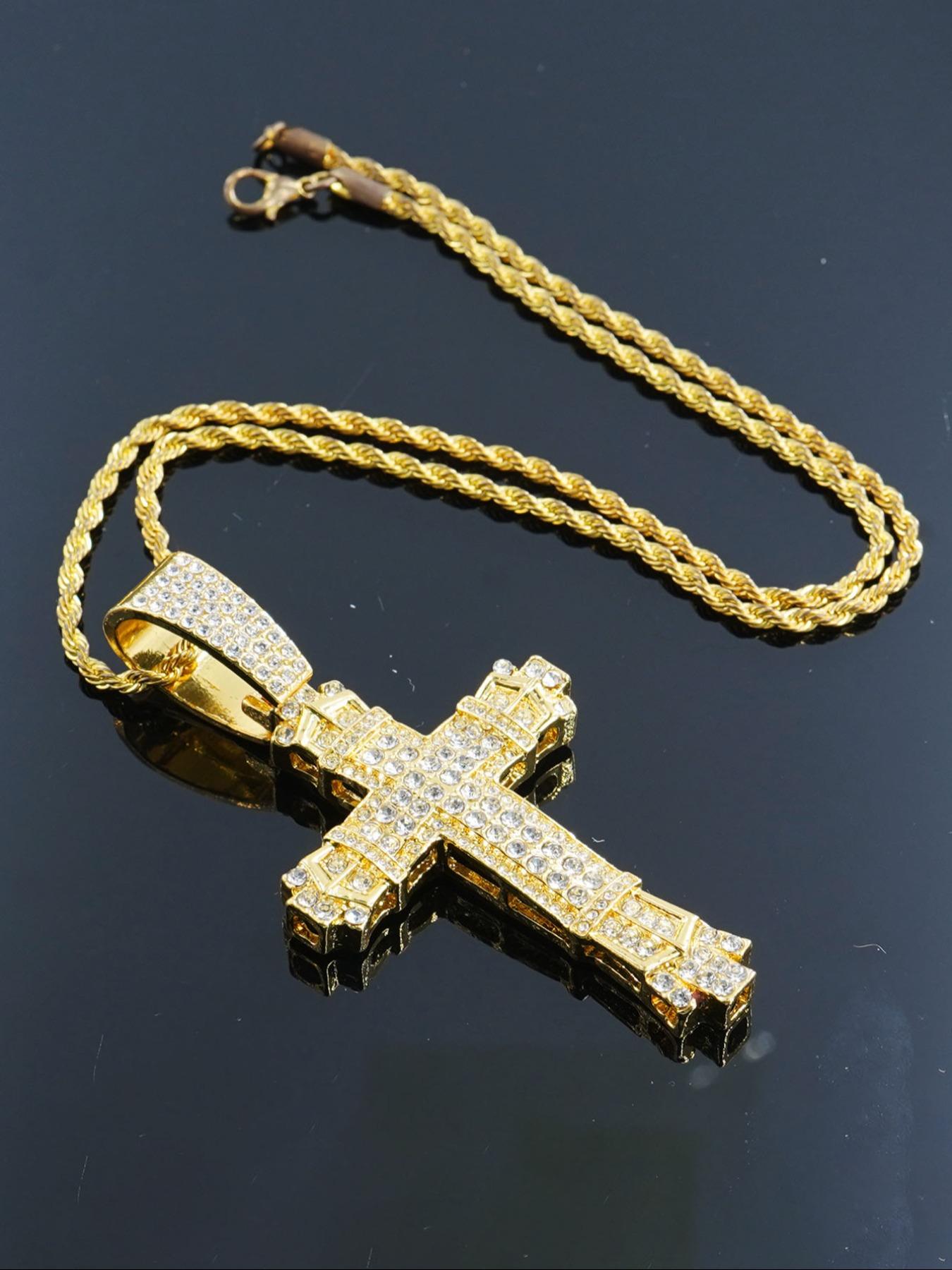 Rhinestone Decorated Cross Pendant Necklace, Cross Necklaces, Cuban Link Chain, Fashion Jewelry for Party, Daily Wear Accessory, Trendy Versatile Jewelry for Birthday Gifts, Fashionable Jewelry Accessories