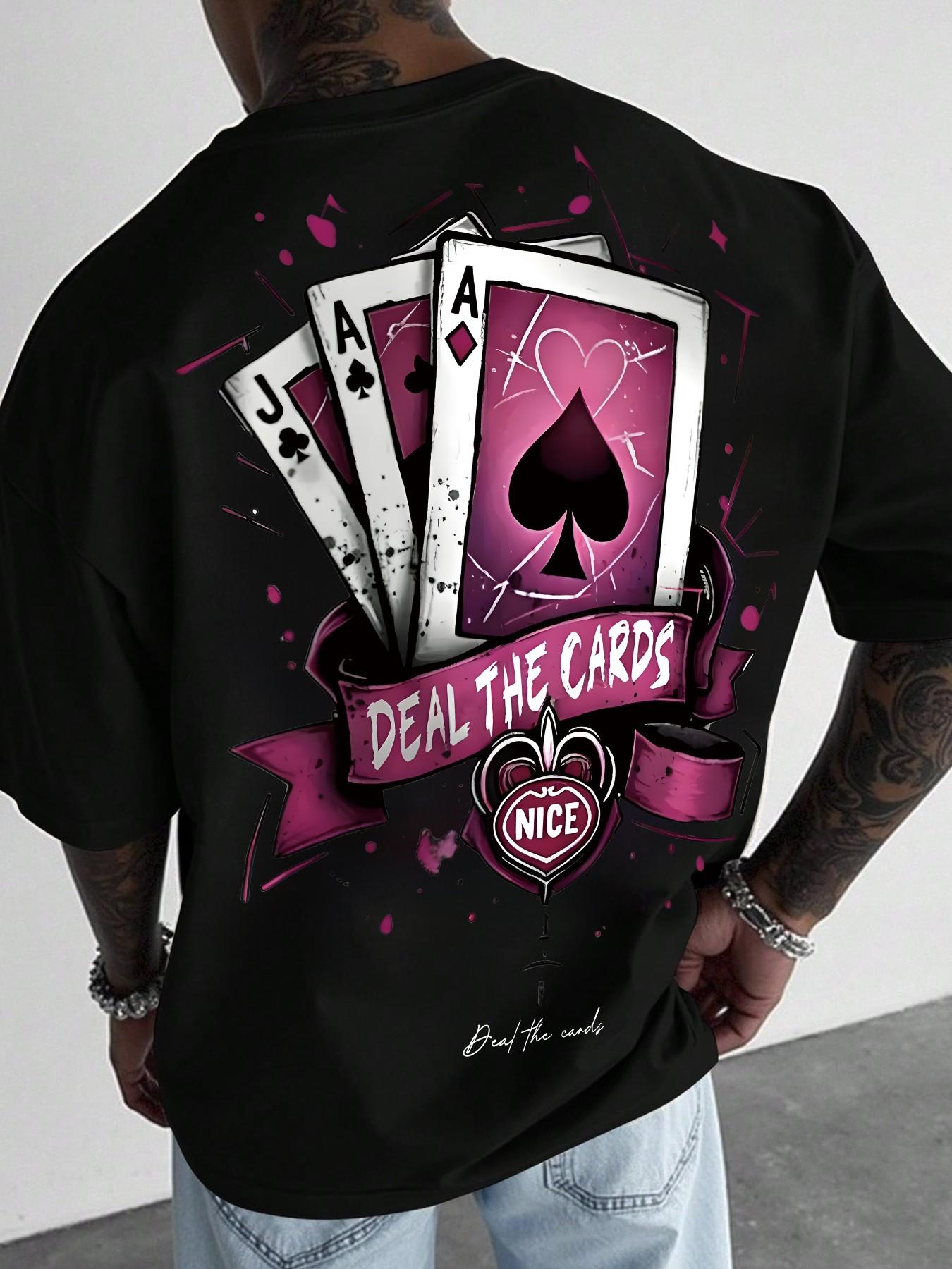 Gothic Dark Style American Street Short Sleeve T-Shirt, Poker Print Graphic Tee, Casual Fitted Top Without Zipper and Collar