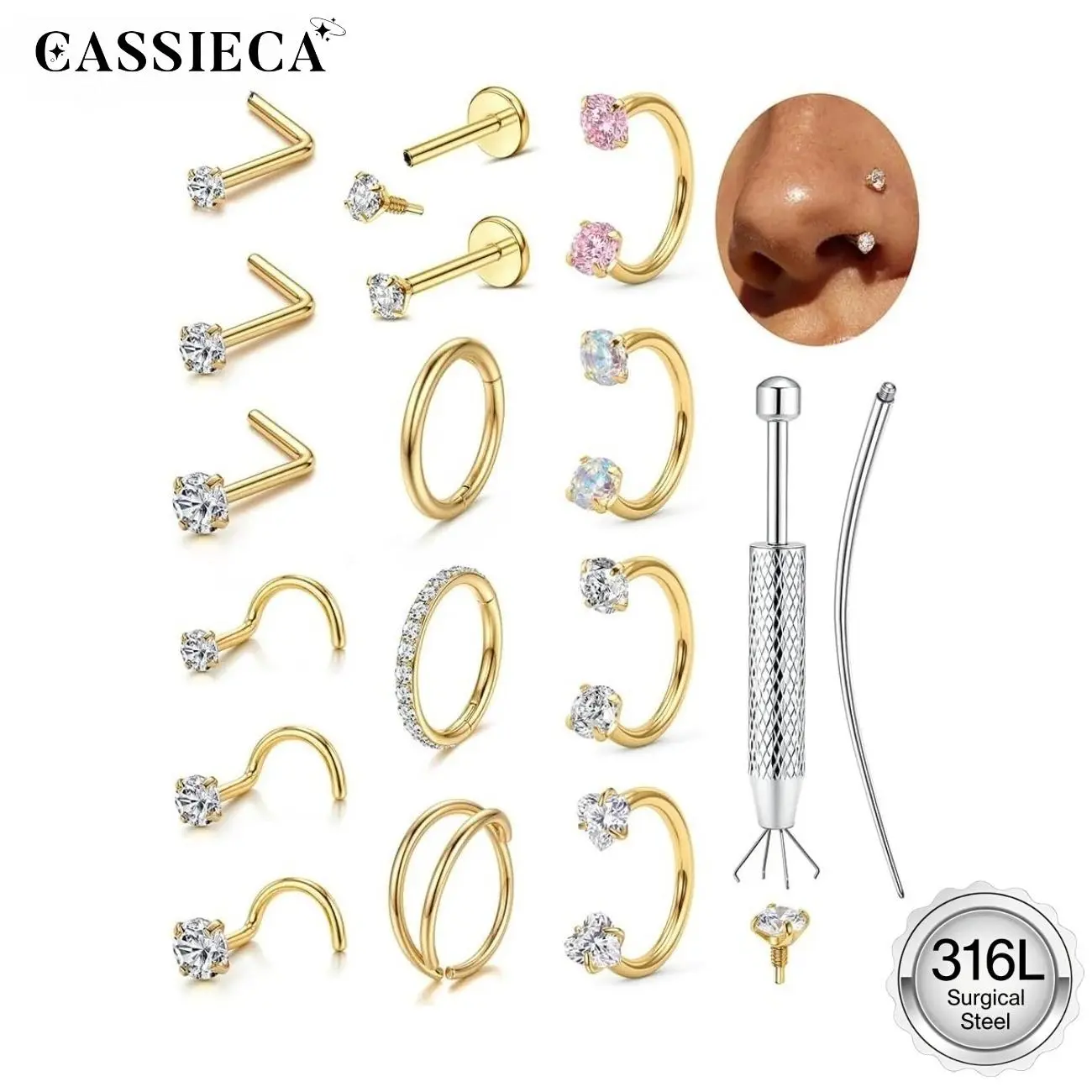 CASSIECA 16Pcs Surgical Steel Horseshoe Nose Ring Hoops for Women 14K Gold Plated Nostril Cartilage Helix Body Piercing Jewelry Sohochic
