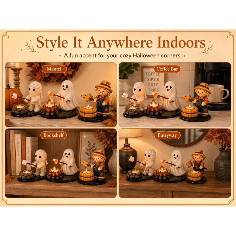 Resin Halloween Tea Light Candle Holder Set – Ghost, Mummy, Scarecrow & Campfire Figurines, Spooky Tabletop Decor for Mantel, Shelf & Centerpiece, Creepy Home Accent for Adults