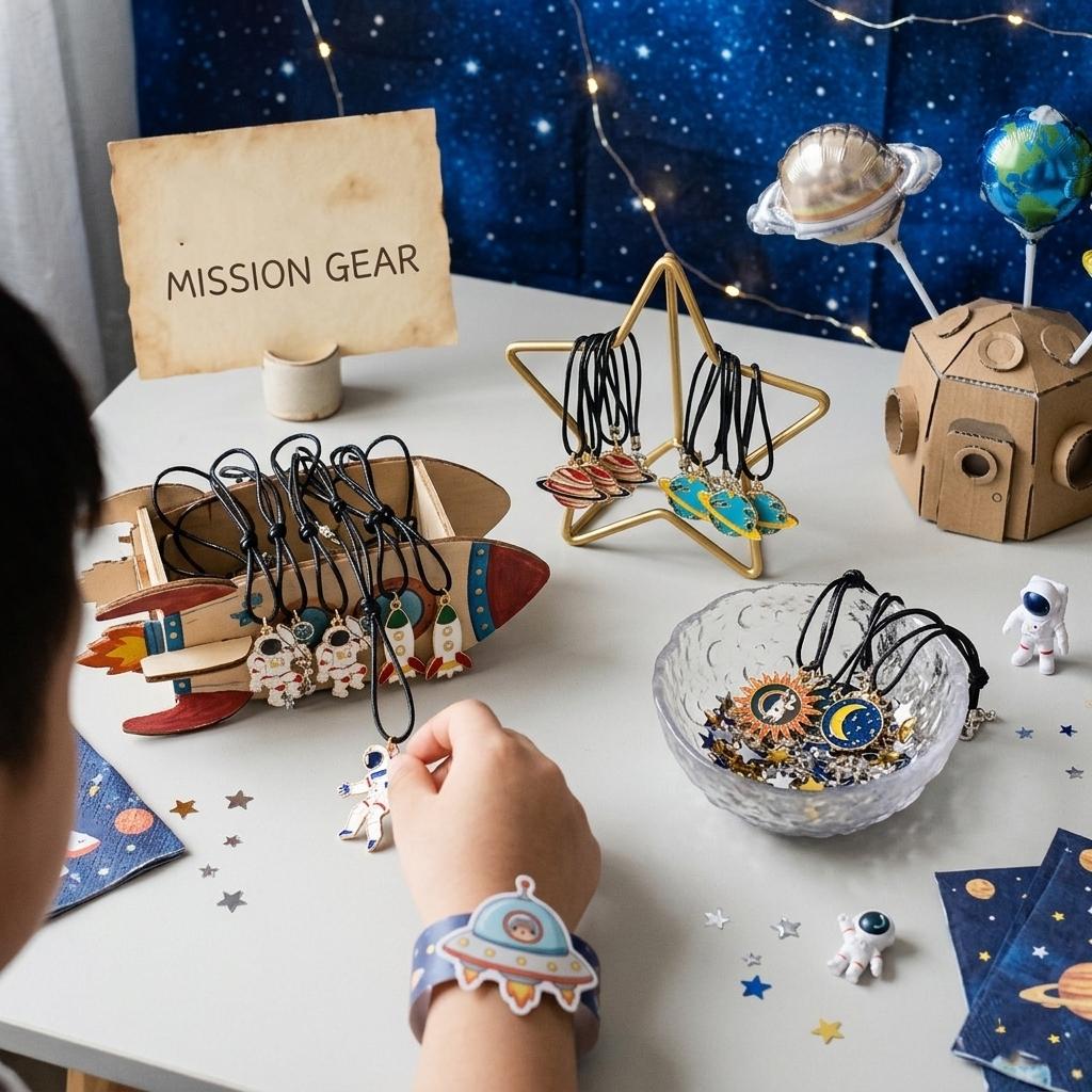 24pcs Space Theme Party Necklaces for Kids, Enamel Astronaut Planet Rocket Ufo Pendants, Galaxy Birthday Party Supplies, Boys Girls Gift Fillers