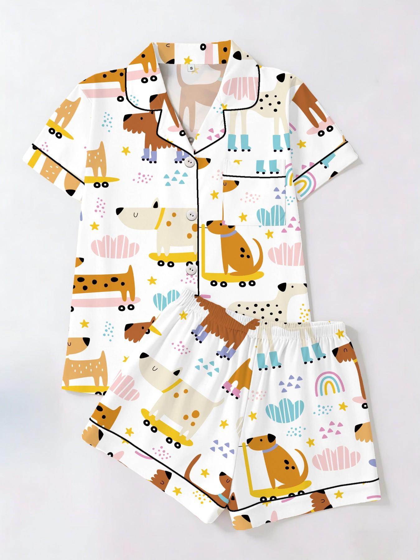 Women's Short Sleeve Button Down Top and Shorts Pajama Set, Spring Summer Wear, For Unique Style Lovers, White Base One Of A Kind Print, Classic Lapel Collar, Loose Fit, Comfortable For Home & Gatherings