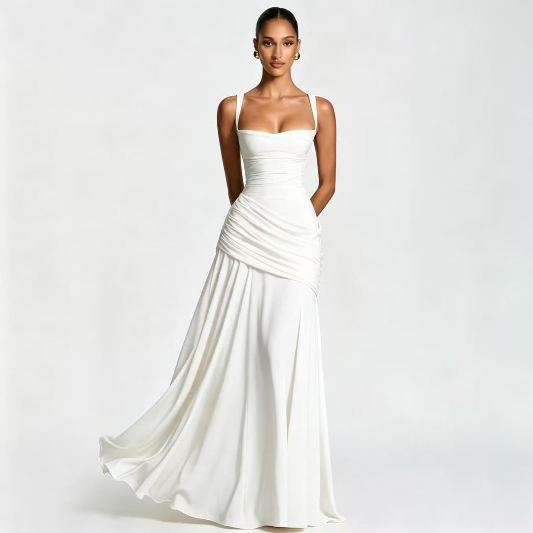 Women's 2026 Spring Summer Sleeveless Solid Color Cinched Waist Flared Formal Dress, European American Elegant Cocktail Party Evening Dress