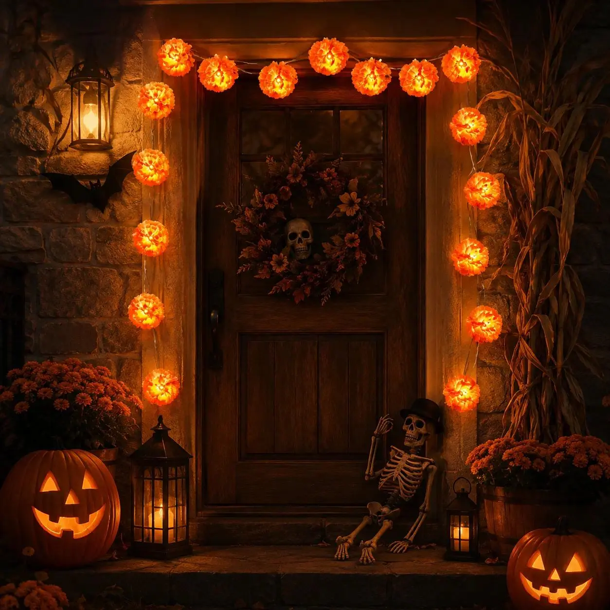 3 M Mexican Marigold Flower String Lights, 20 Flashing Orange LED Cempasuchil Style Garland, Battery Powered Day of The Dead Altar Halloween Fall Decor