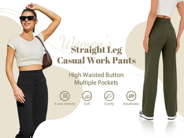 JEKAOYI Women's Straight Leg Work-Appropriate Yoga Pants High Waisted Button Stretchy Business Work Casual Trousers Multiple Pockets SpringStatements