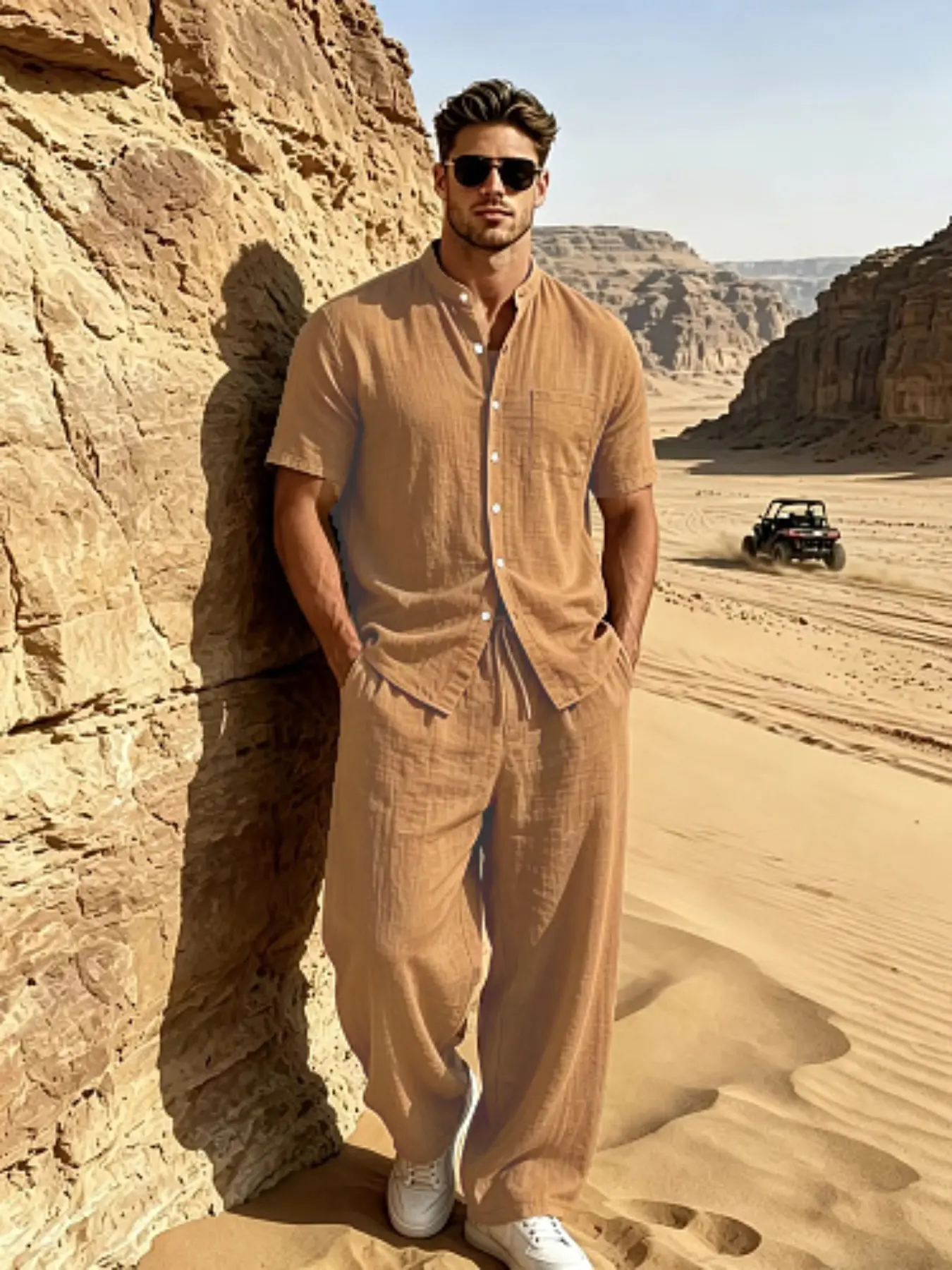 Summer Plain Solid Color Linen Men's Casual Two-Piece Set, Stand Collar Short Sleeve Shirt, Drawstring Long Pants, Trouser, Beach Vacation