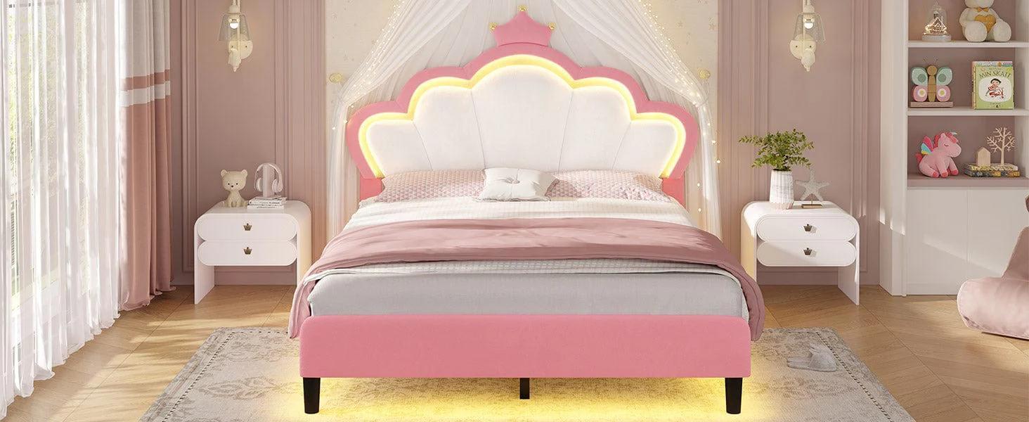 Girls Full Bed Frame with Princess Crown and LED Velvet Upholstered Platform Pink