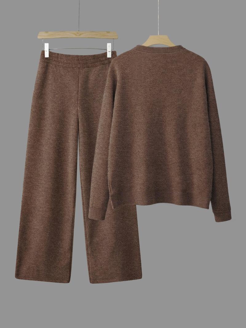 Women's Fall Winter Sweater Set, Bow Animal Print Thick Knit Top & High Waist Straight Leg Pants, Casual Fashion Two-Piece