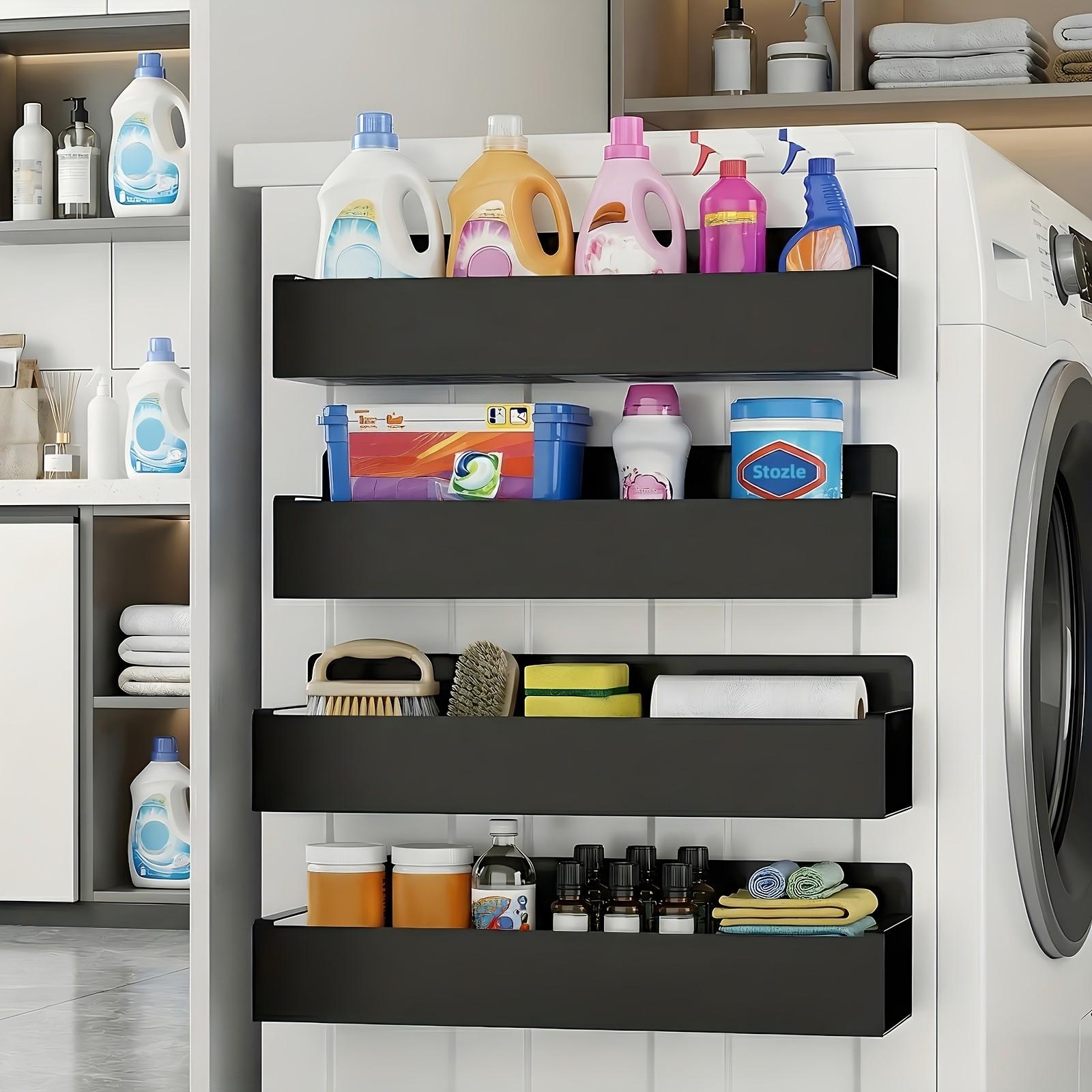 1 Set Magnetic Side Storage Rack, Magnetic Attachment, Universal for Refrigerator & Washing Machine Side - Easy to Install, No Drilling Required, Stylish Black Metal Finish. Wall-Mounted Spice Organizer, Suitable for Storing Laundry Essentials.