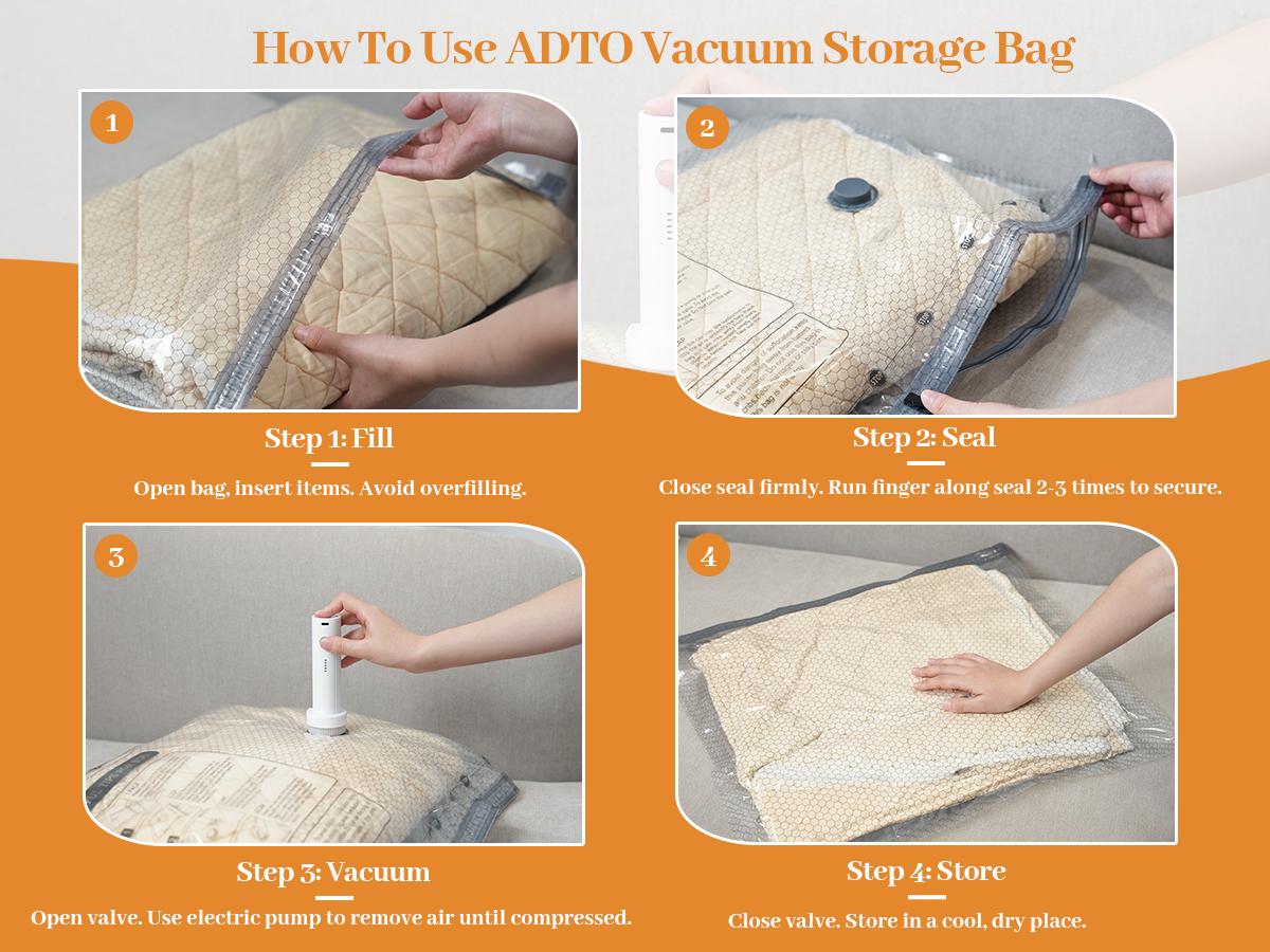 ADTO Cordless Travel Vacuum Bag Set – 15-Pack Compression Bags for Carry-On Suitcases – 140L/Min Powerful Air Removal – USB Rechargeable Handheld Pump with Built-In Battery – Space Saver for Clothes & Packing Organiser-Gift