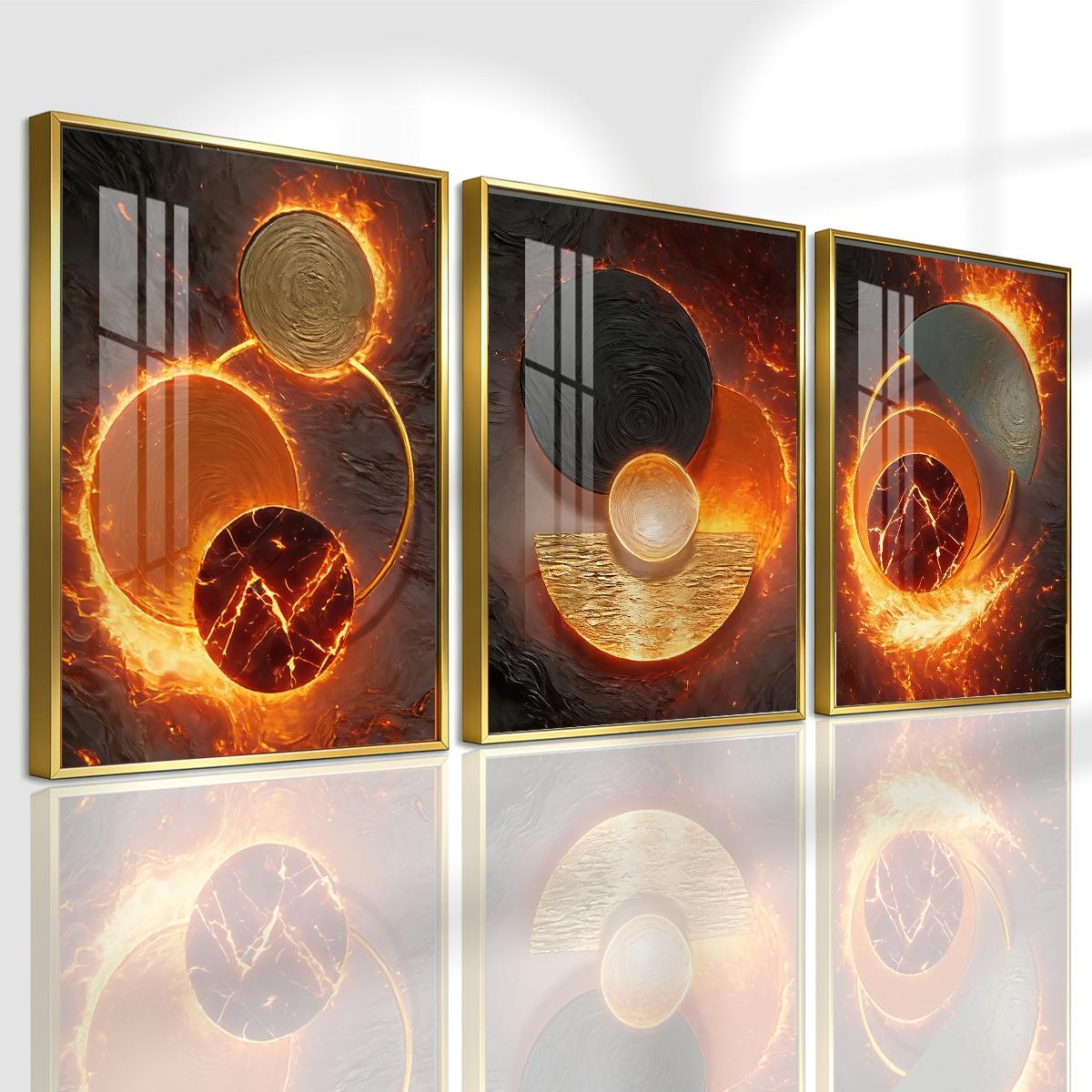 3 Counts Aluminum Alloy Framed Painting, Abstract Fire And Lava Geometry Pictures, Home Decoration For Living Room, Bedroom, Office, Restaurant, Hallway Wall Decor, Odorless Print Artwork, Luxury Perfect Gift For Friends And Family