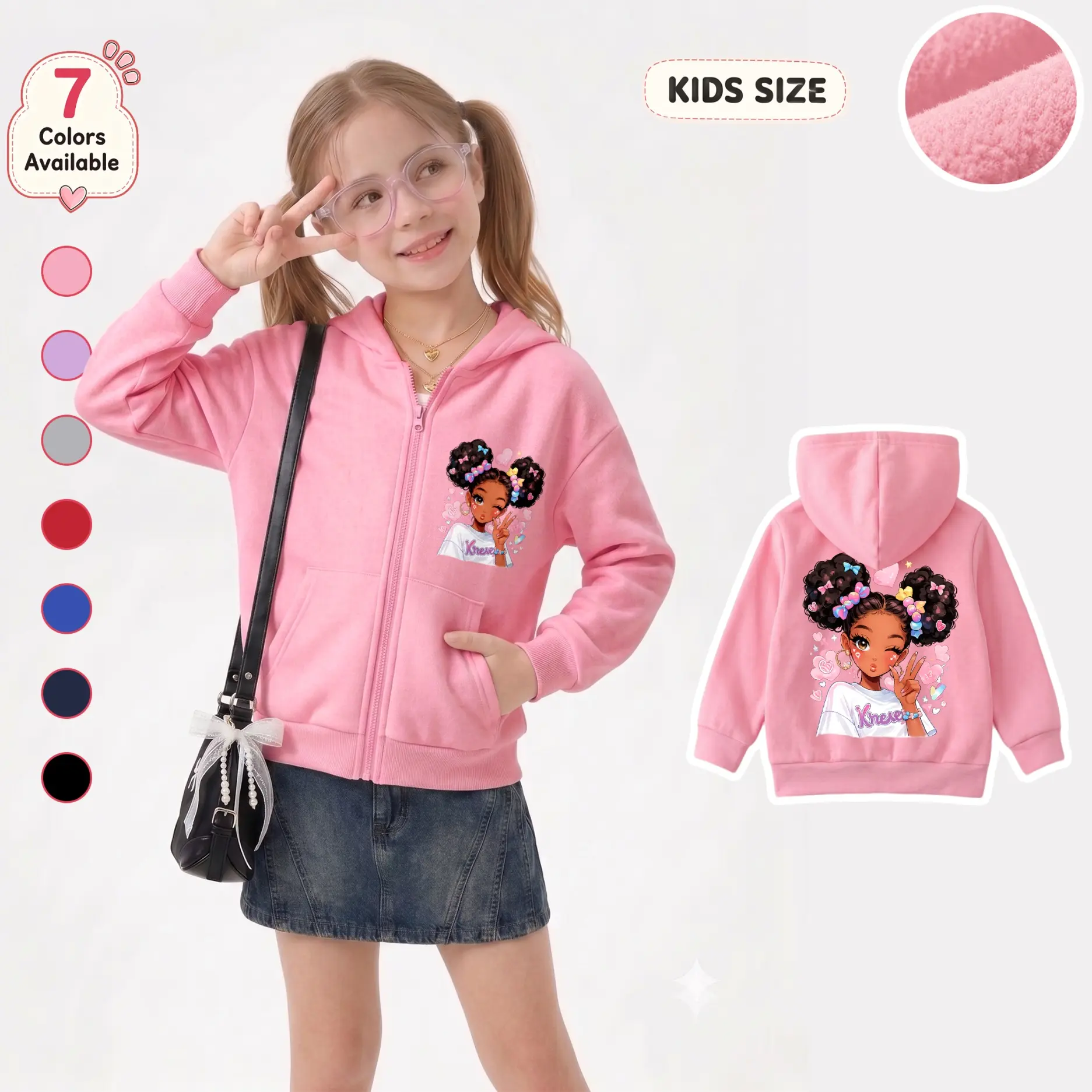 Girls’ Cartoon Girl Graphic Zip-Up Hoodie, Cute Double Bun Character Front and Back Print Long Sleeve Hooded Jacket with Pockets for School, Travel, Outdoor Play, Parties and Daily Wear