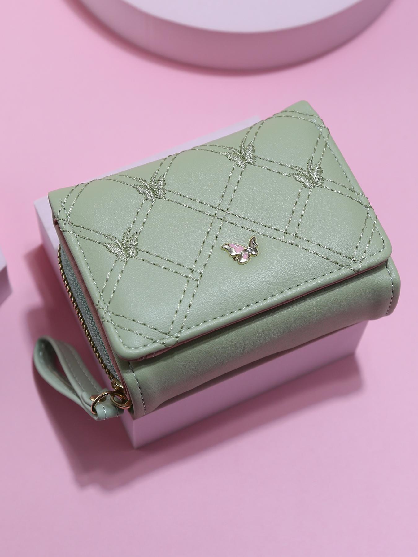 Trendy Mini Soft Leather Wallet for Women, Diamond Pattern Butterfly Metal Decoration, Multi-Card Slot ID Holder Handbag Portable Coin Purse