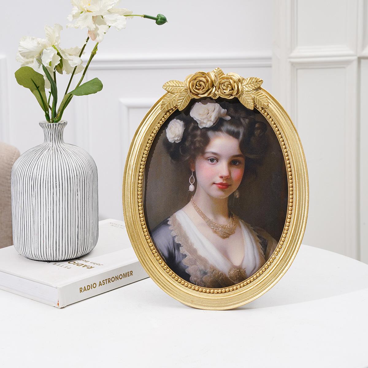 European Vintage Rose Carving Oval Photo Frame, Resin Material Hand-Painted, Home Decor for Bedroom, Living Room, Office