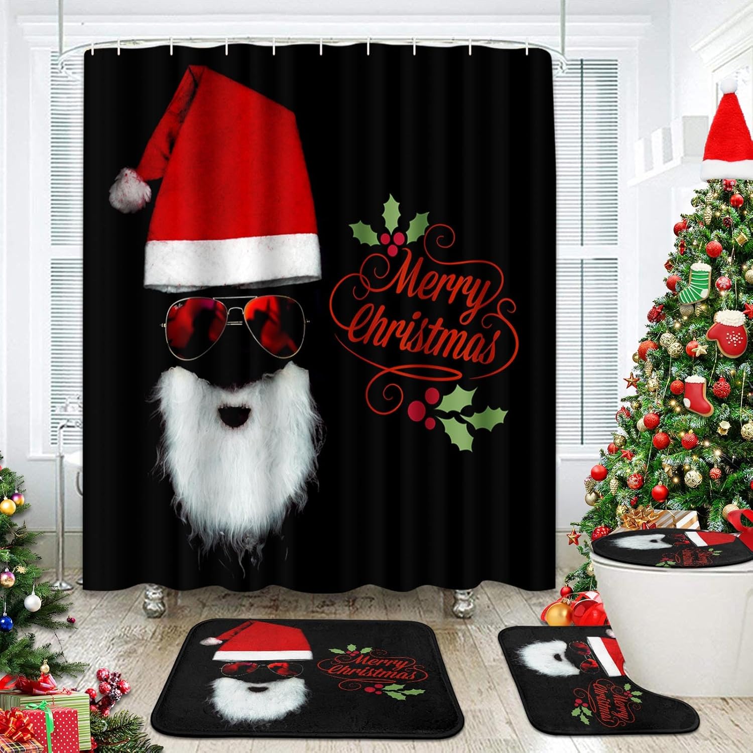 4 Pcs Shower Curtain Set Merry Christmas Happy New Year with Non-Slip Rugs Toilet Lid Cover and Bath Mat Bathroom Decor Set