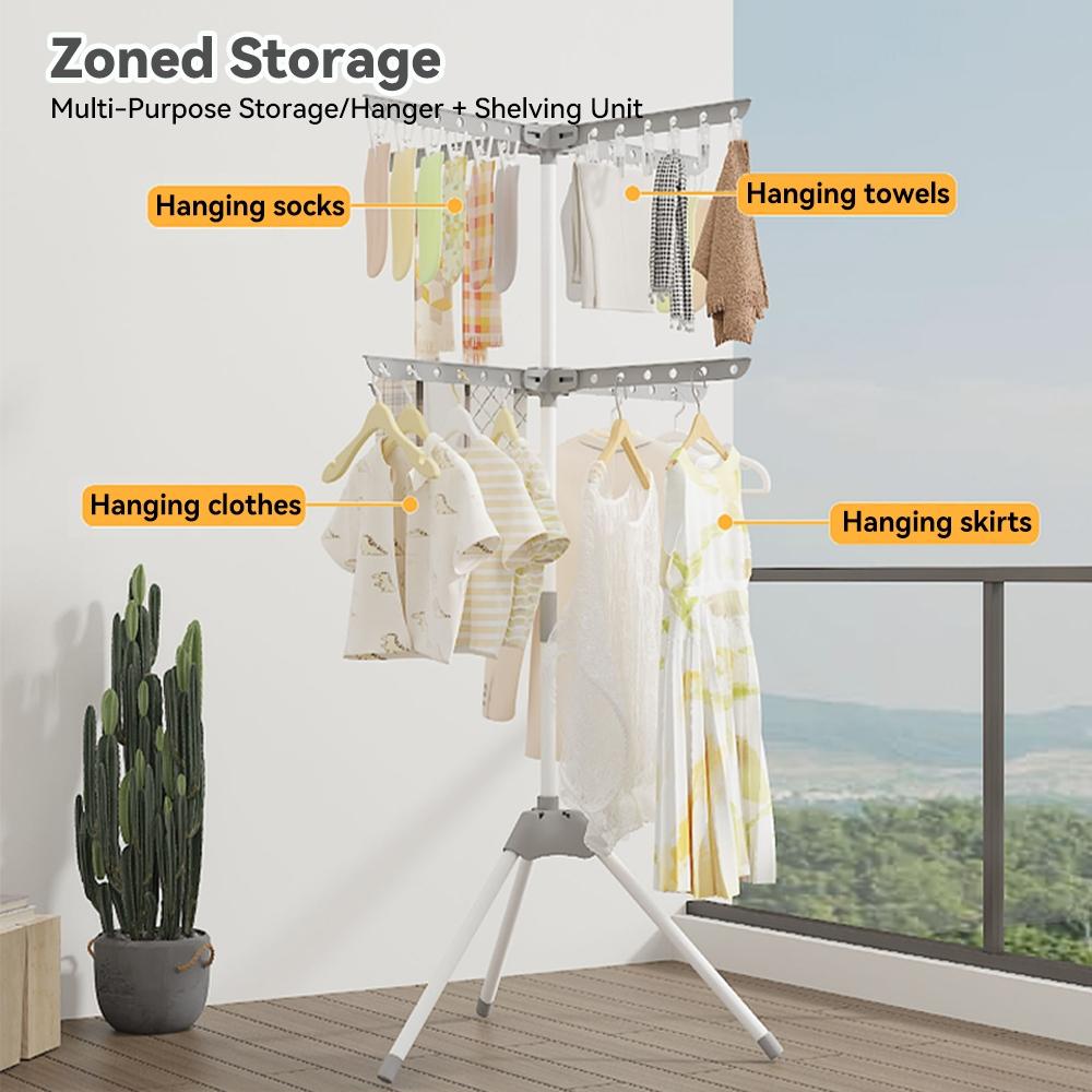 Space-Saving Foldable Tripod Clothes Drying Rack with 24 Clips, Ideal for Indoor, Poolside, RV Travel, Compact Laundry Stand, Lightweight Portability