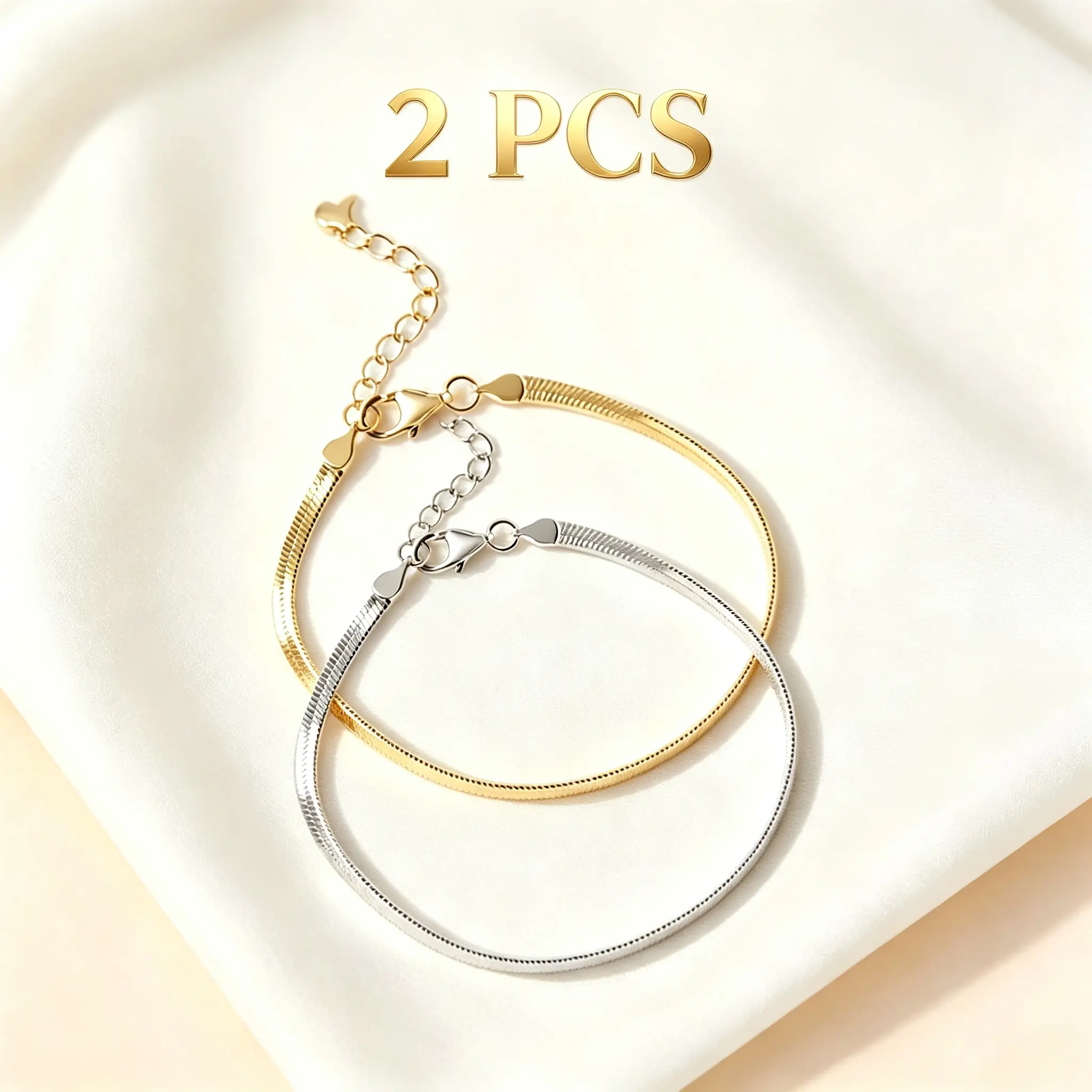 2 PCS Snake Chain Bracelet Set for Women, Dainty Minimalist Herringbone Bracelet Pack, Adjustable Stackable Thin Bracelet, Daily Wear Fashion Jewelry Gift for Birthday Holiday
