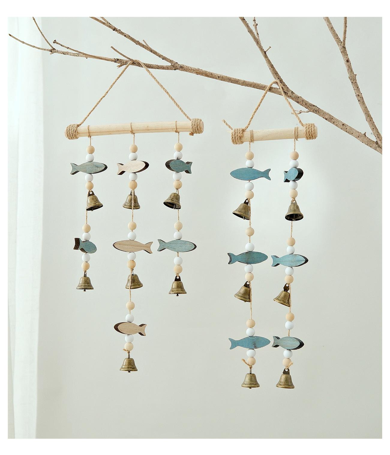 New Product Mediterranean Style Double-Sided Fish String Bell Wind Chime Pendant Wall Decoration Solid Wood Hemp Rope Creative Nordic Wall Hanging Ornament Home Decor Ornaments Wall Hanging Design