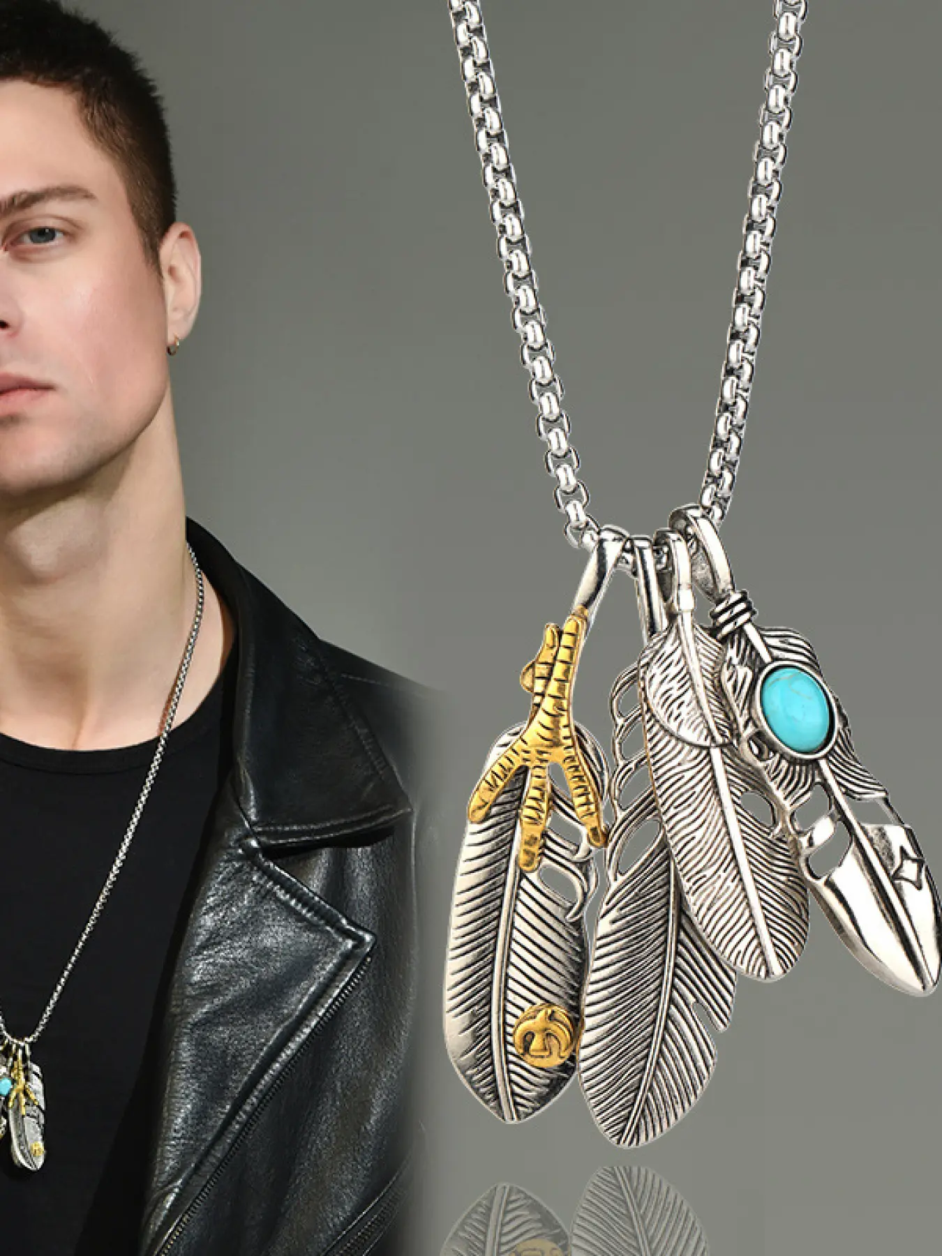 Silver Boho Feather Pendant Necklace with Turquoise & Gold Accents | Vintage Bohemian Accessory for Daily, Music Festivals & Vacation Looks