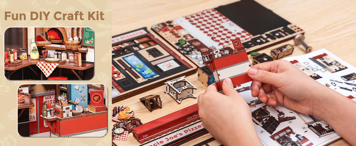 CUTEBEE DIY 3D Book Nook Kit Uncle Joe’s Pizzeria – Miniature Wooden Streetscape Pizza Shop with LED Light, Handmade 3D Dollhouse Decor | Holiday, Christmas and Black Friday Gift