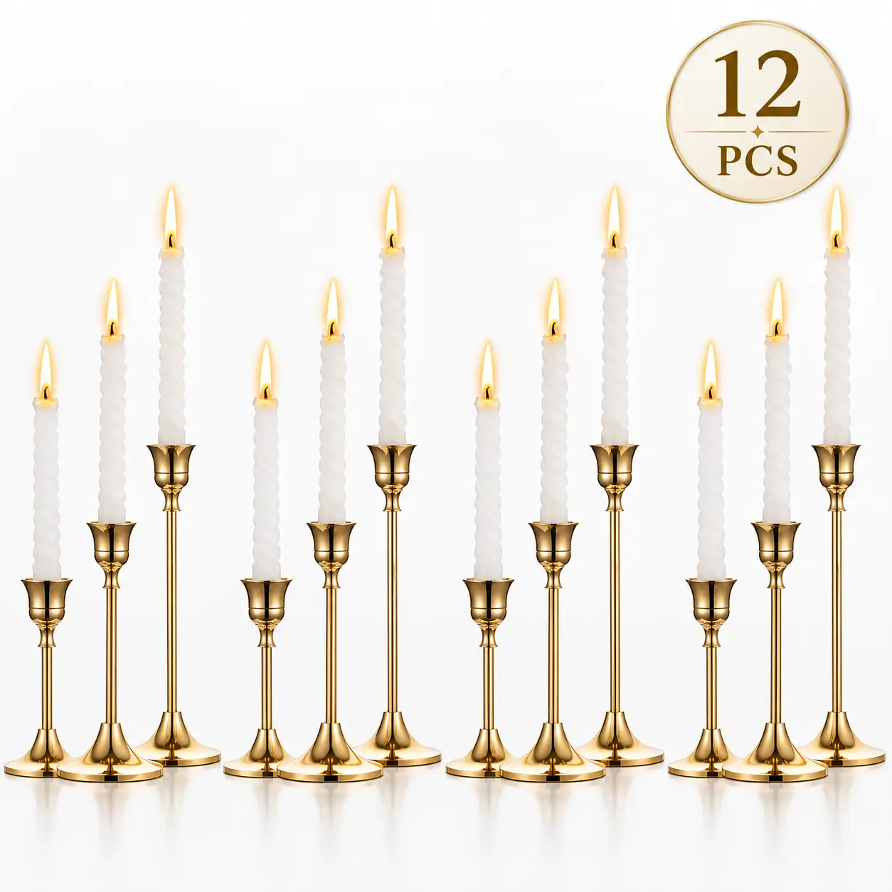 GMOX 12-Pack Golden Brass Candlestick Holders - Corrosion-Resistant Aluminium Set, Antique Luxury Office Presentation Supply Accent for Home Decor (Bedroom Table, Mantel)