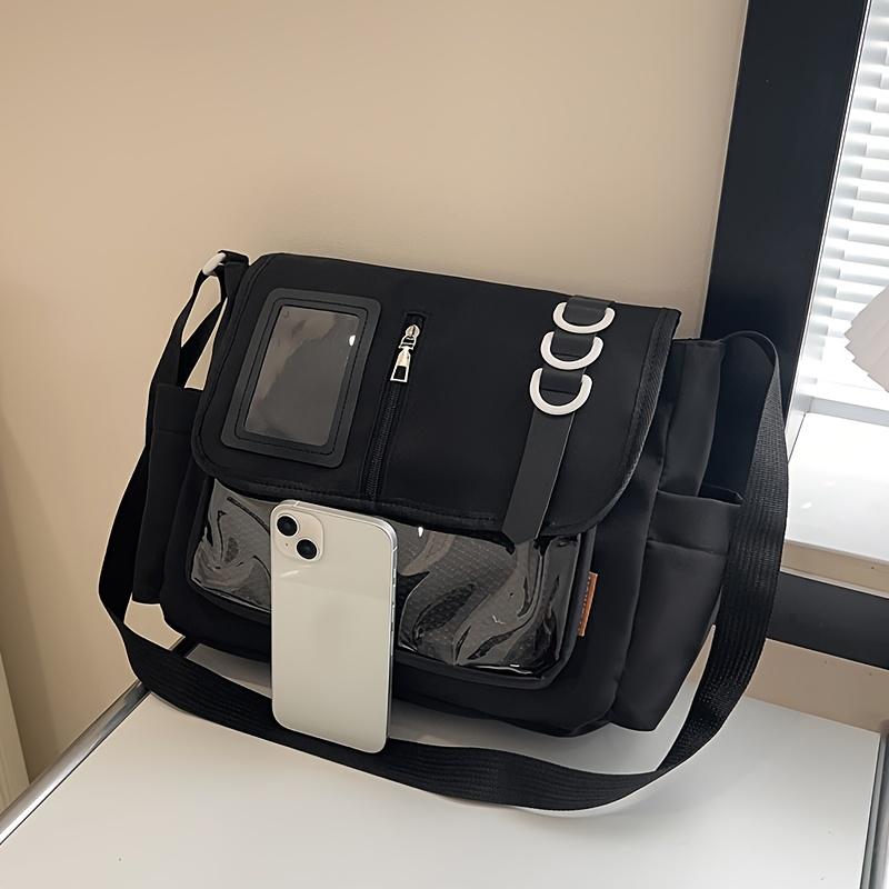 Fashion Casual Ita Crossbody Bag for Students, Lace-Up Slouch Shoulder Bag with Mesh Pocket & Clear Card Slot, Versatile Daily Commute & School Tutoring Bag