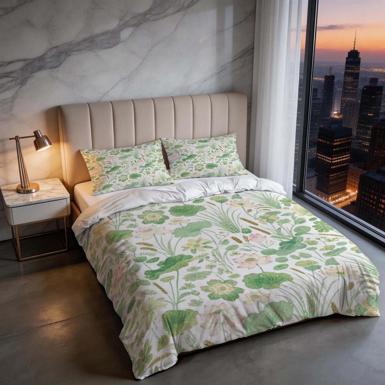 2/3 Piece Watercolor Lotus Pond Duvet Cover Set, HD Digital Printed Comforter Cover, Soft Breathable Bedding Set with Zipper Closure for Bedroom Home Decor (NoInsert)