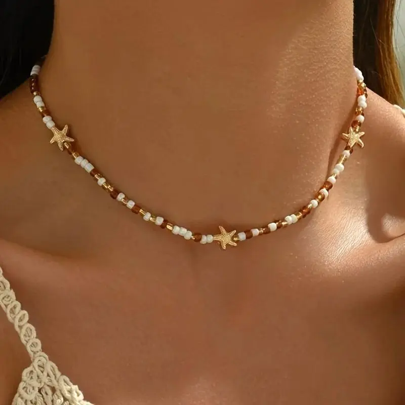 Bohemian Starfish Glass Rice Beads Colar Colares Choker Necklaces Joyas De Mujer Summer Ocean Vacation Ожерелье