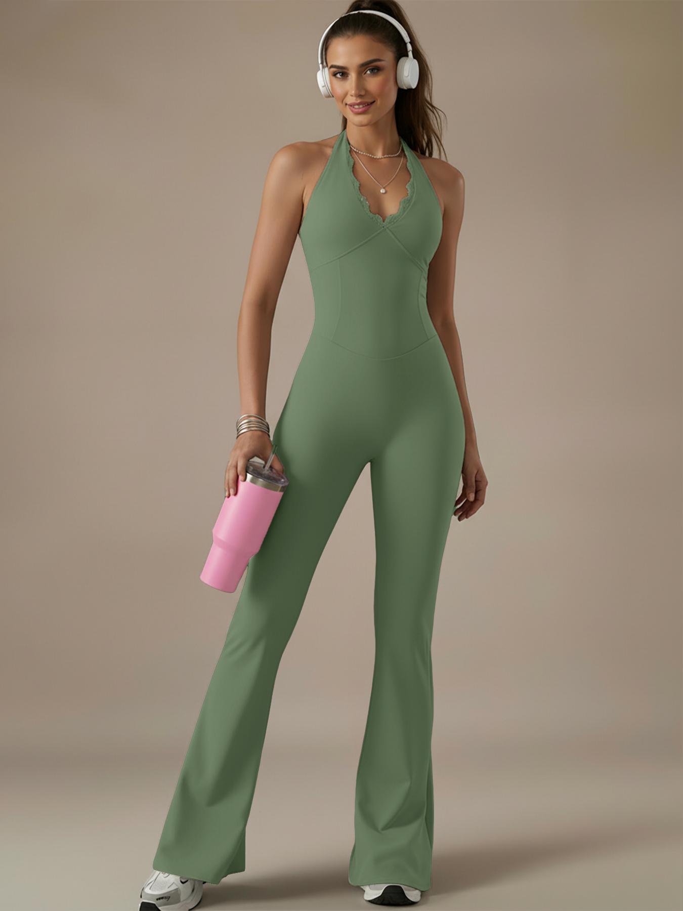 Women's Colorblock Lace Patchwork Bodysuit, Slim-Fitting Elastic Bell Bottoms, Sporty Yoga Fitness Gym Wear, All Seasons, Workout Jumpsuits