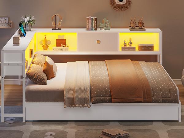 Hasuit Corner Twin Bed Frame with Storage Drawers and Bookcase Headboard, Twin Size Metal Platform Corner Bed Frame with Charging Station and LED Lights, Twin Daybed for Kids Teens Guests