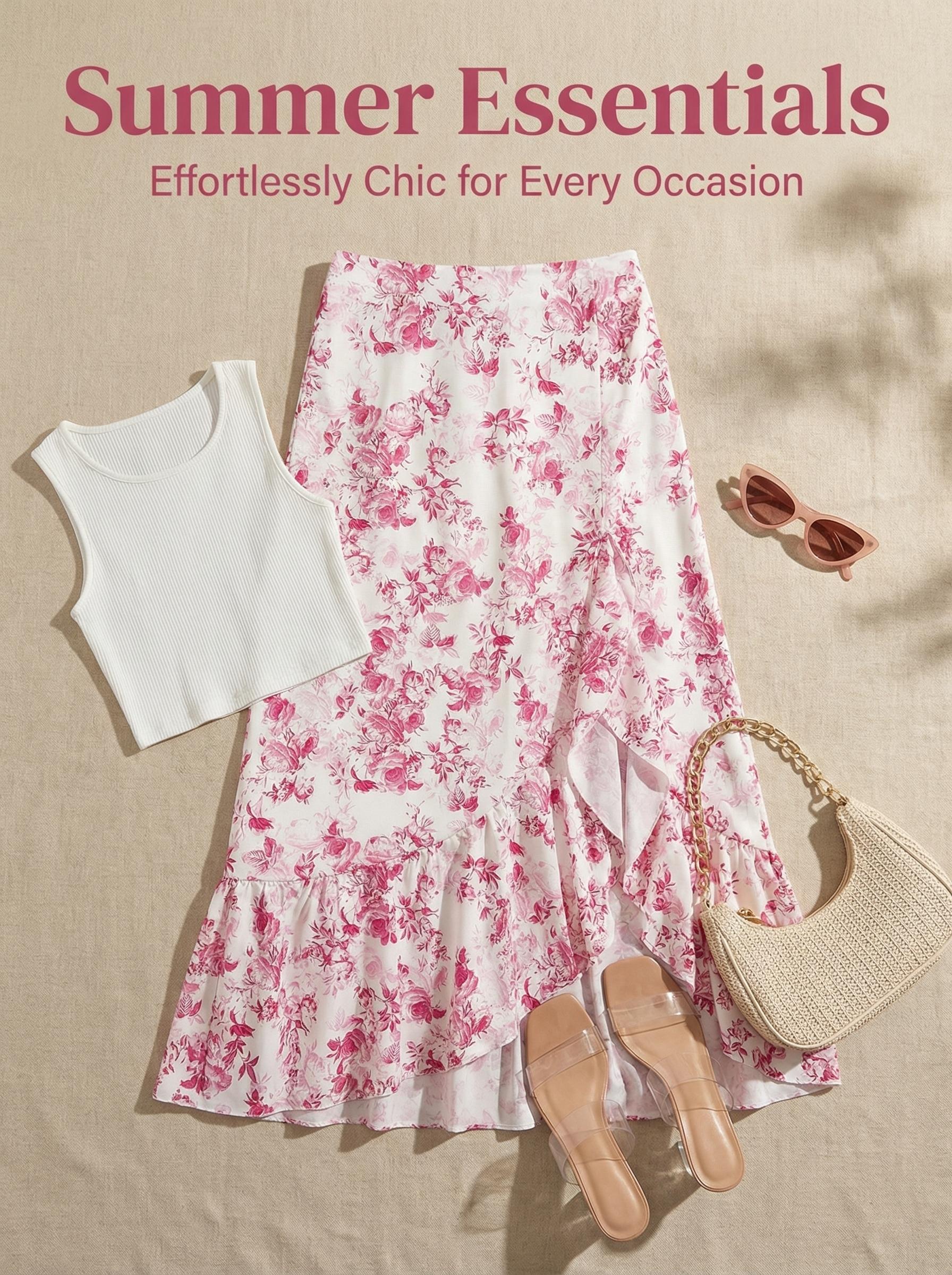 Bohemian Elegant Floral Print Irregular Ruffle A-Line Midi Skirt, Loose-Fitting Design for Garden Parties & Beach Vacations, Spring