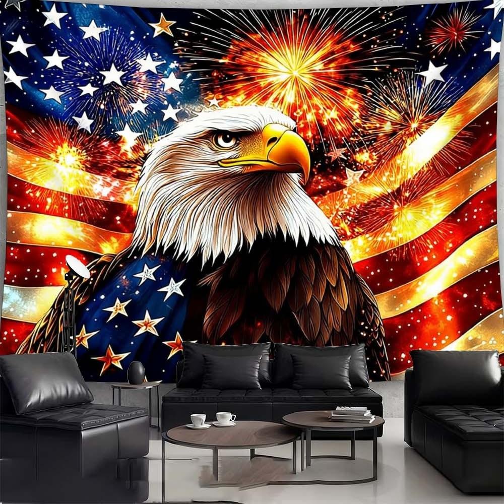 1PC Independence Day themed tapestry featuring majestic eagle and vibrant fireworks creates festive atmosphere perfect for enhancing wall decor in bedrooms or living rooms during gatherings and celebrations stunning design complements home style rich colo