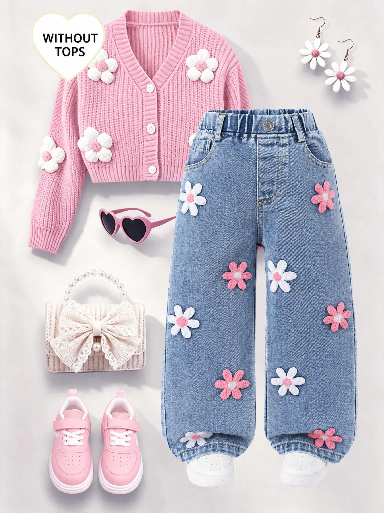 Girls' Loose-Fit Denim Jeans, Cute Floral Embroidery, Elastic Waist, Soft Cotton Fabric, All-Season Wear, Perfect for School & Parties