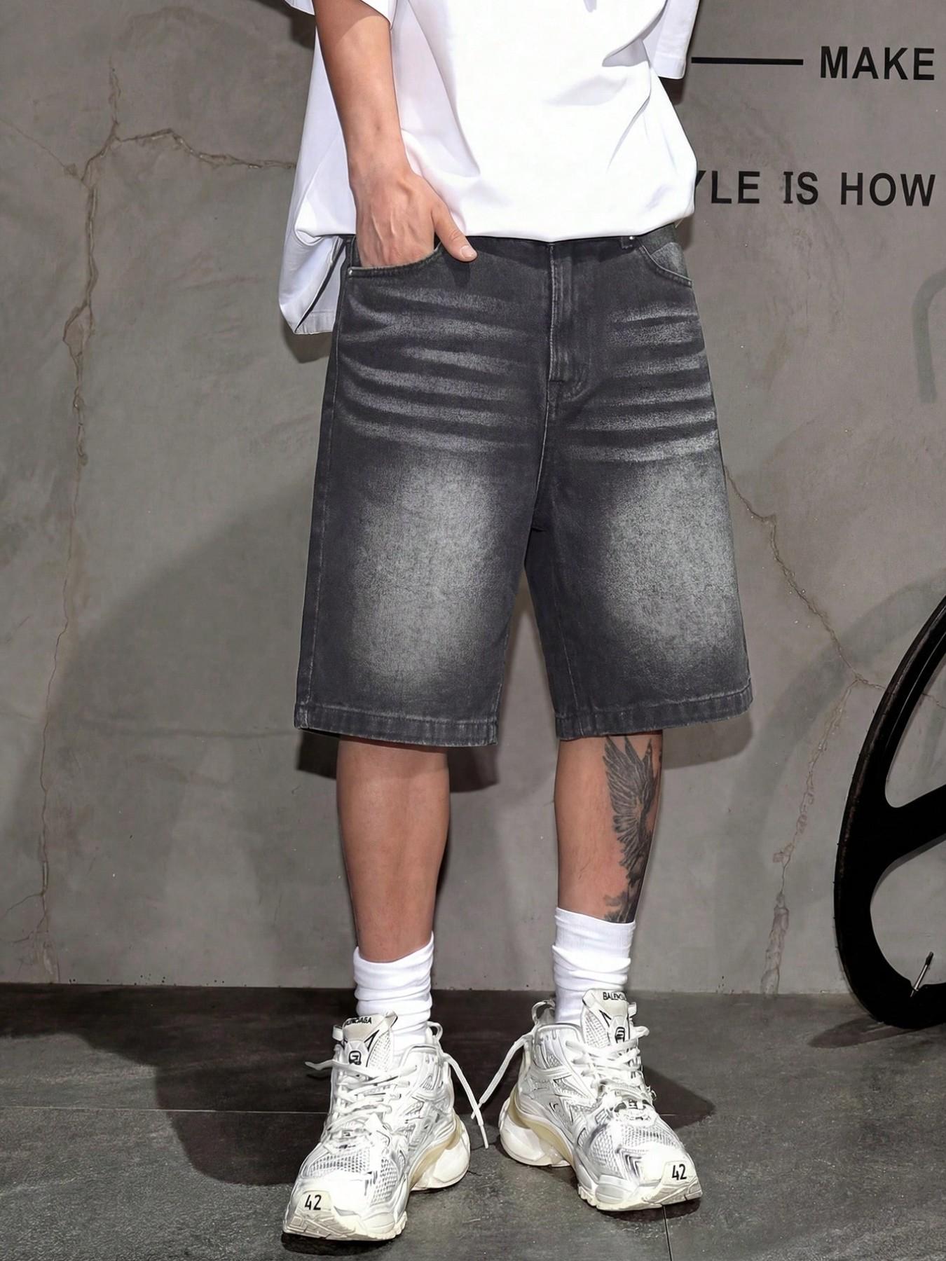 Men's Fashion Street Style Loose Fit Denim Shorts, Casual Mid Waist Zipper Fly, Plain Pattern, Daily Wear, Comfortable and Stylish