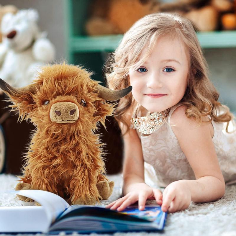 Highland Cow Stuffed Animal Cute Fluffy Cow Plush Figure Toys Realistic Scottish Cow Plush Toy Soft Farm Animal Cattle Plushie Doll Present for Adults Kids Boys Girls